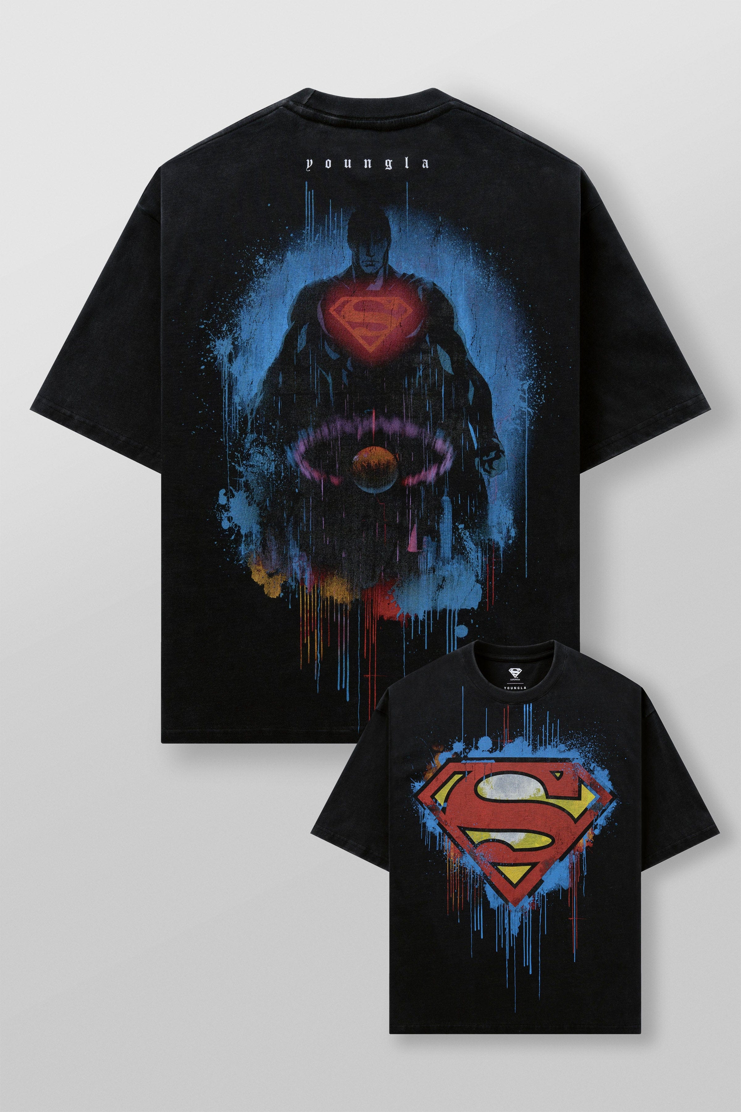 Close-up of the unique Superman design on the vintage graphic tee.
