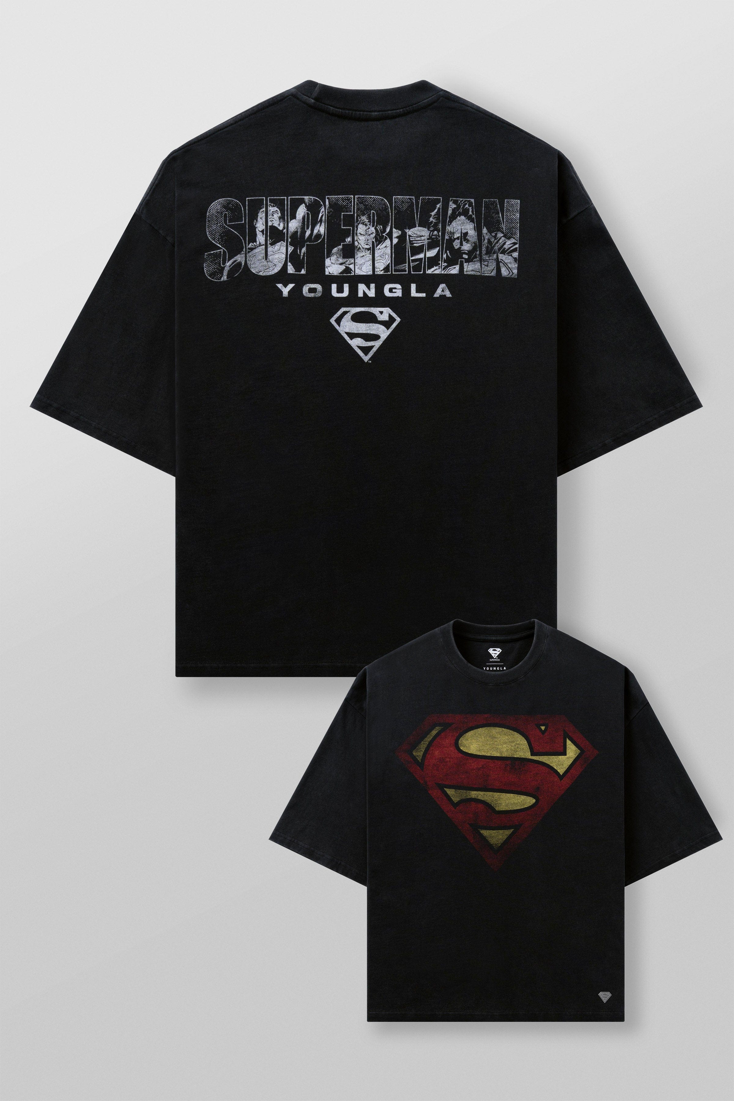 Close-up of the signature metal tag on the superman t shirts bottom corner