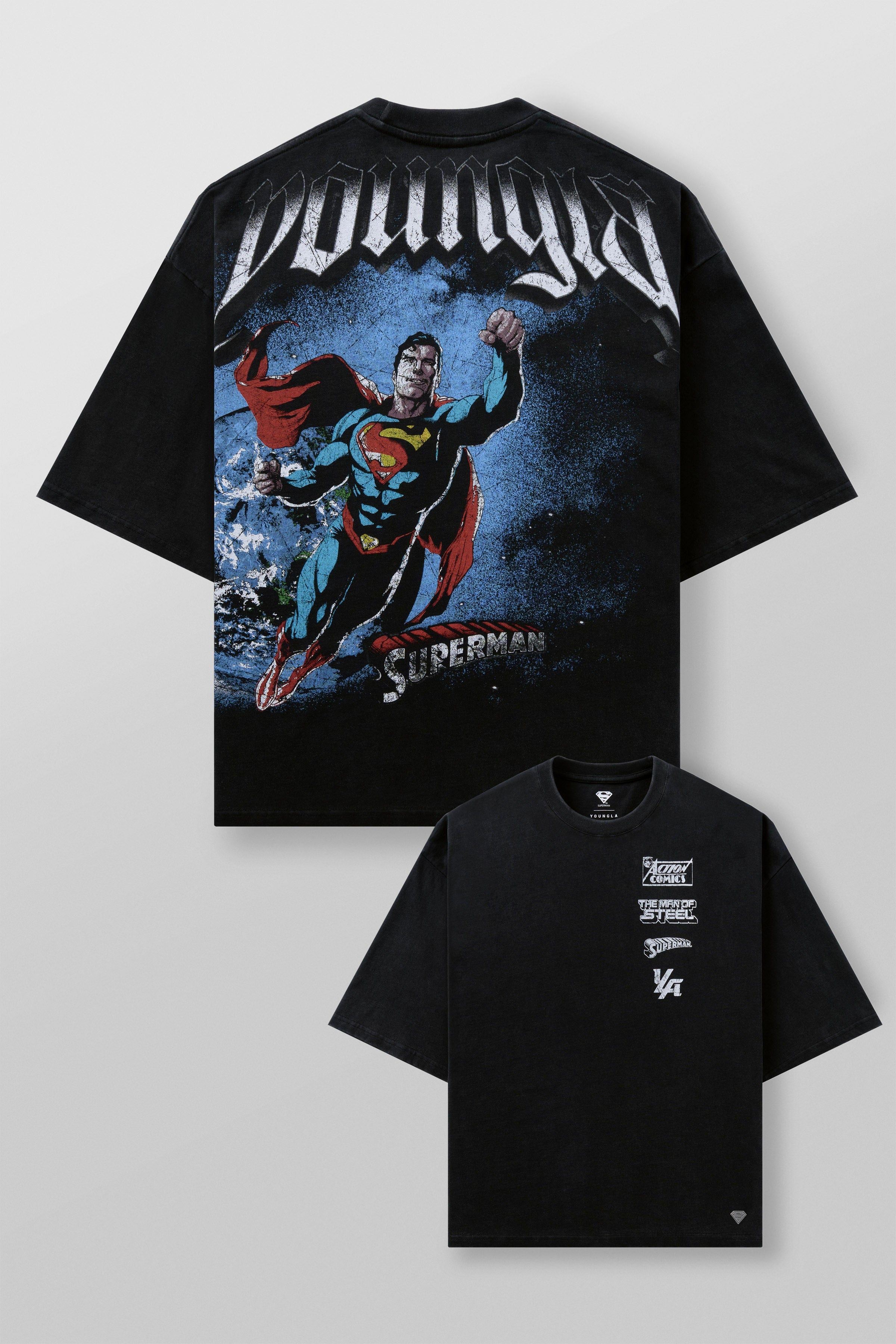 Front view of the huge graphic superman t shirt with bold logo print