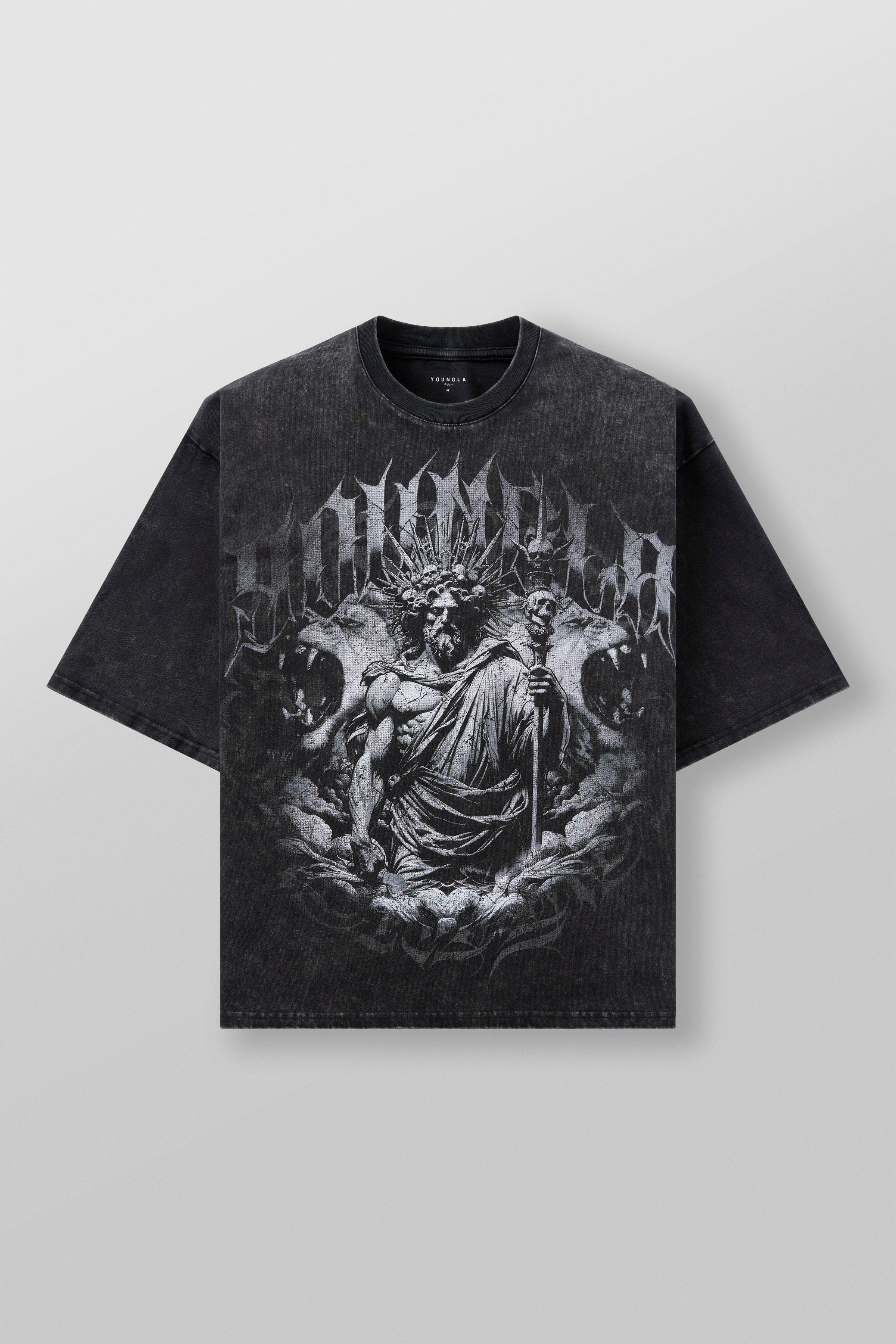 Close-up of vintage wash detailing on mythology graphic tee