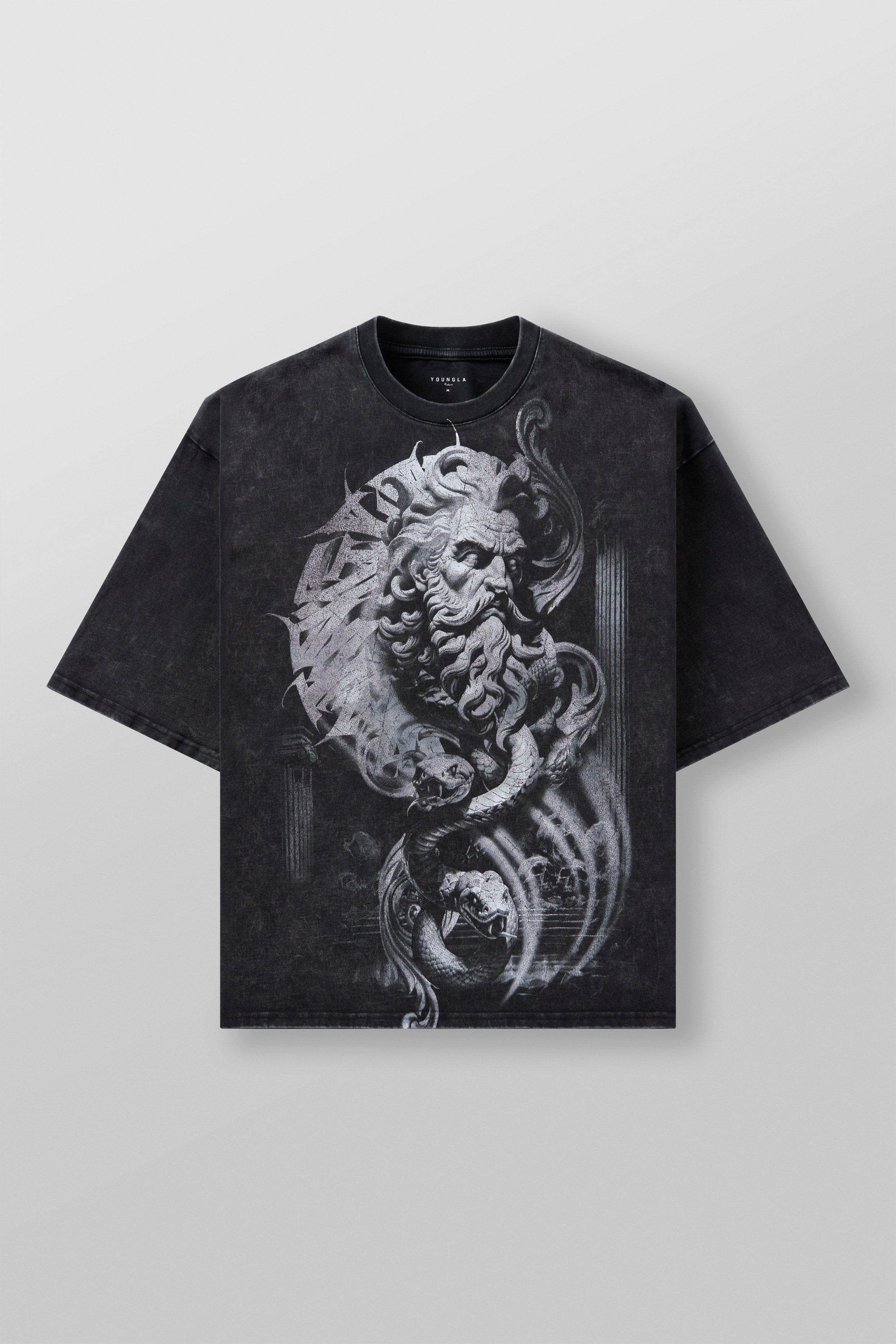 Streetwear model wearing oversized gods & heroes t-shirt
