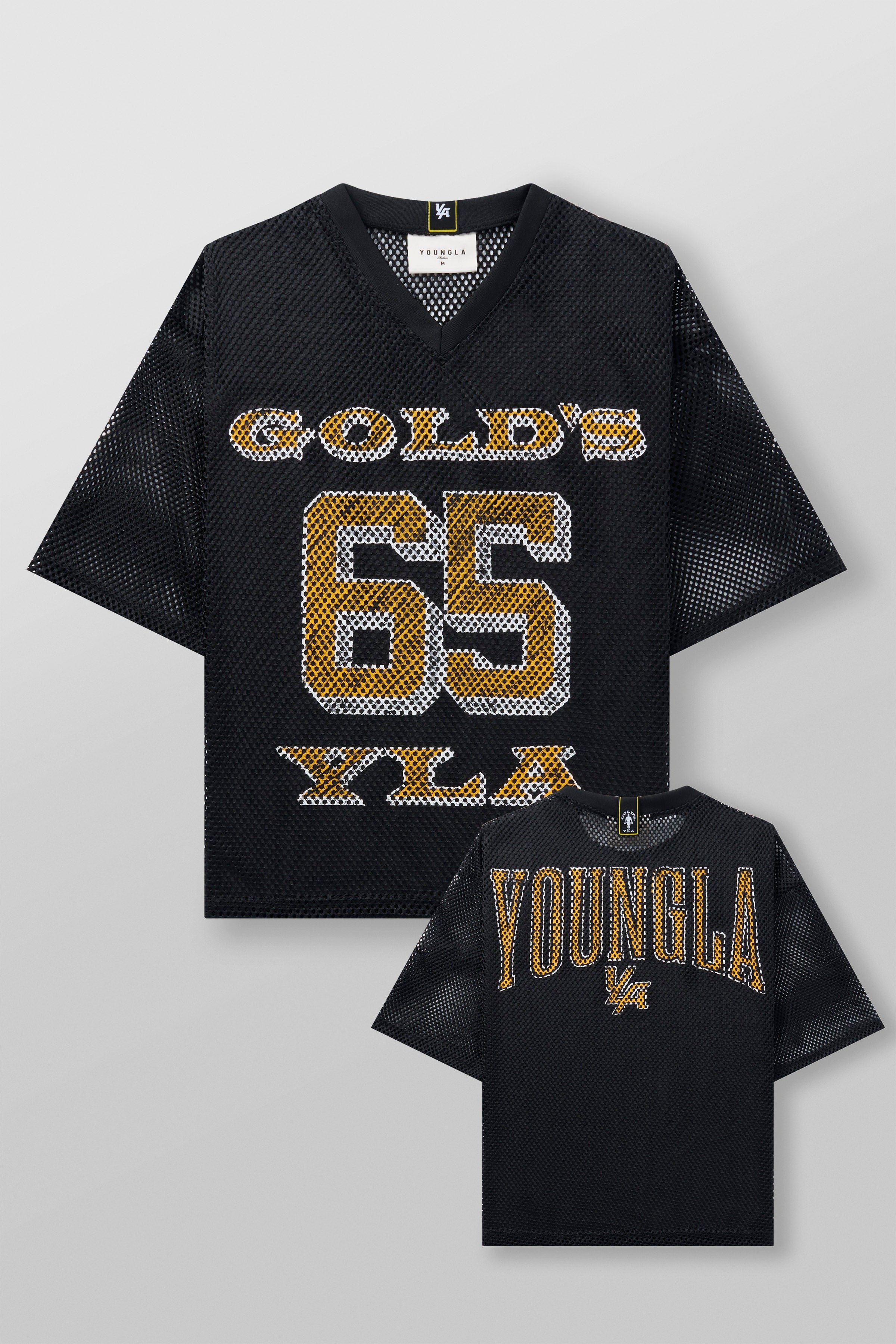 Front view of the Golds Gym x YoungLA Mesh Jersey in Black, perfect for workouts.