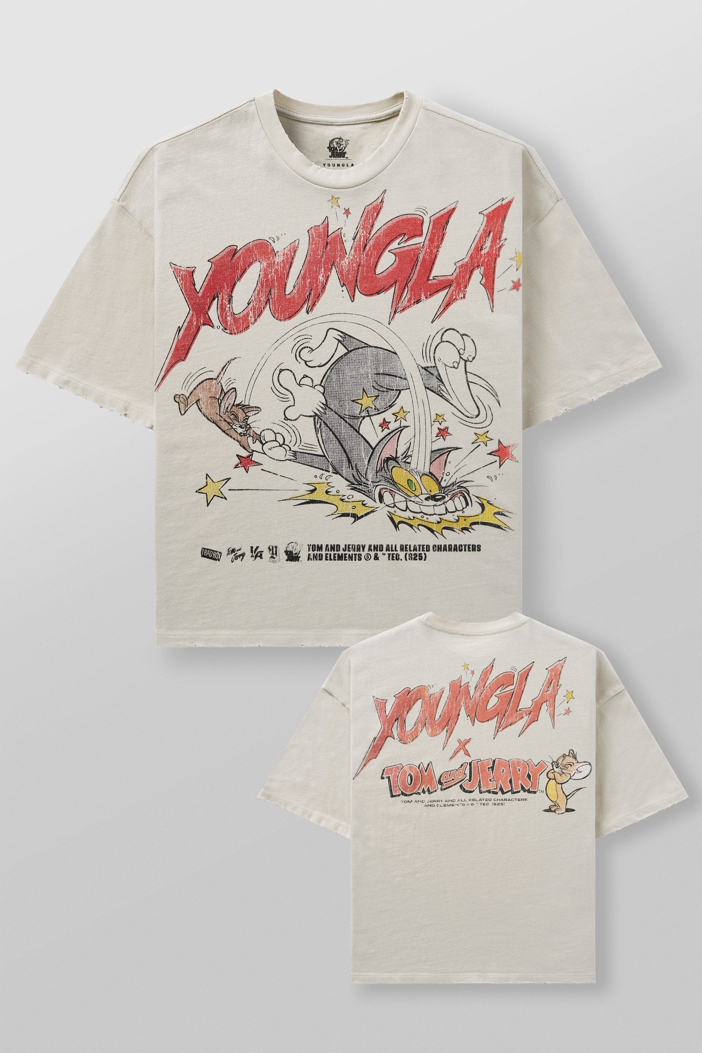Front view of oversized Tom & Jerry graphic T shirt with bold cartoon print