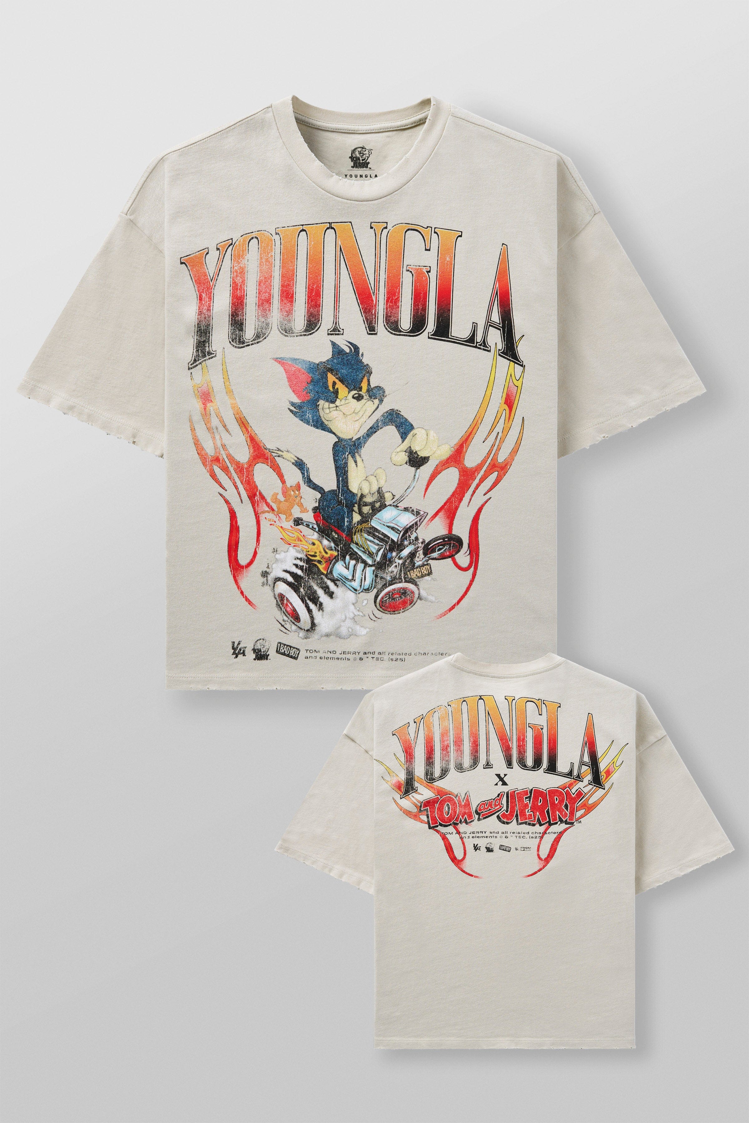 Front view of oversized Tom & Jerry graphic T shirt with bold cartoon print