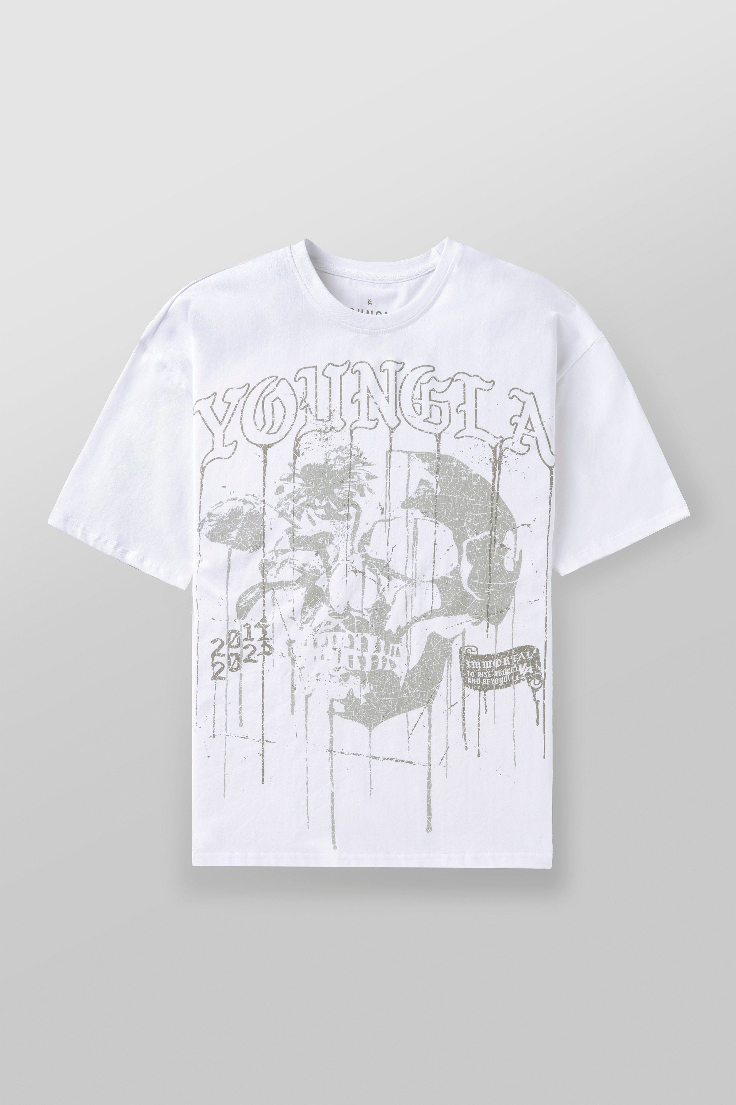 Close-up of the cracked skull design on the t-shirt.