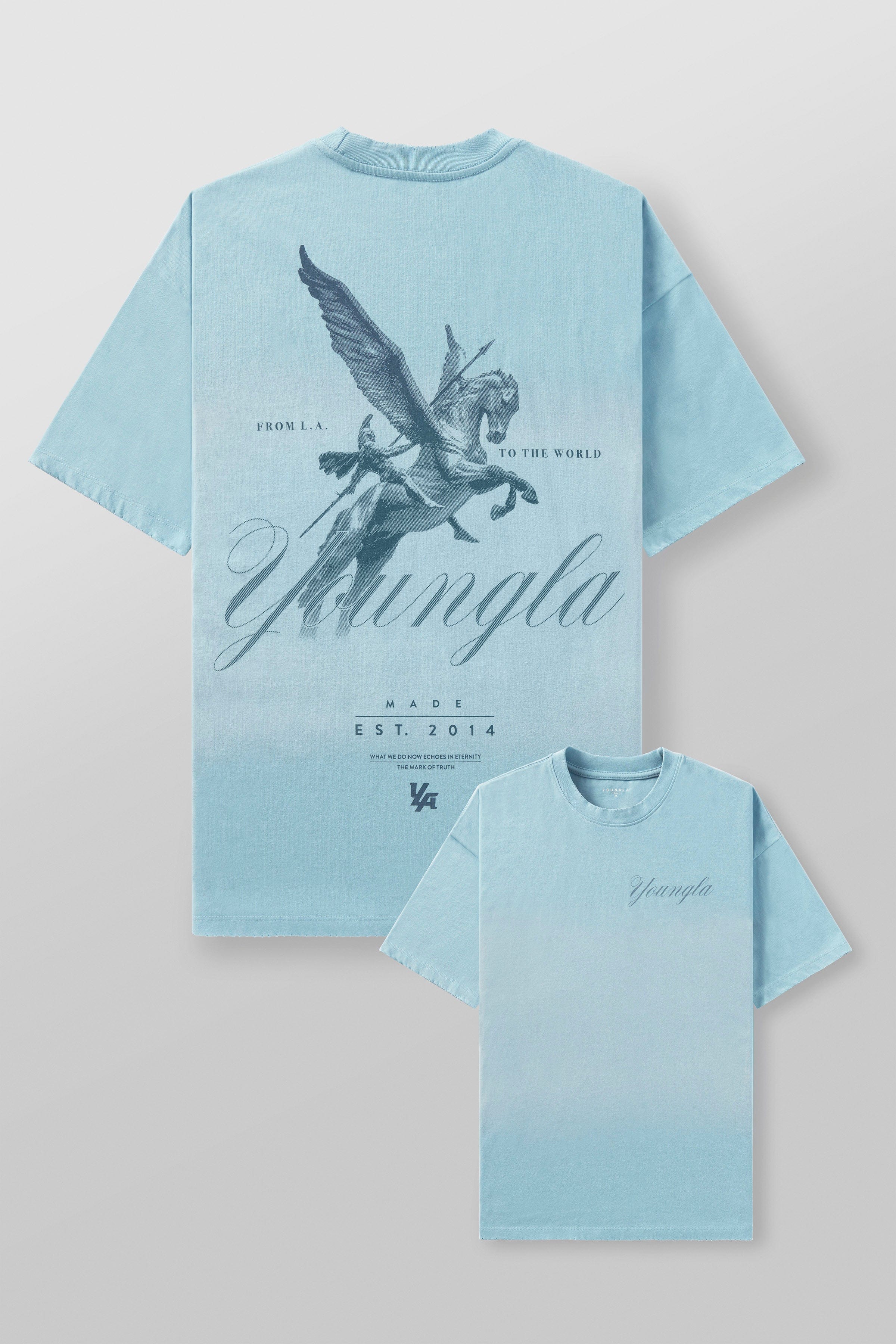 Model showcasing the Spartan tee, highlighting its comfortable fit.