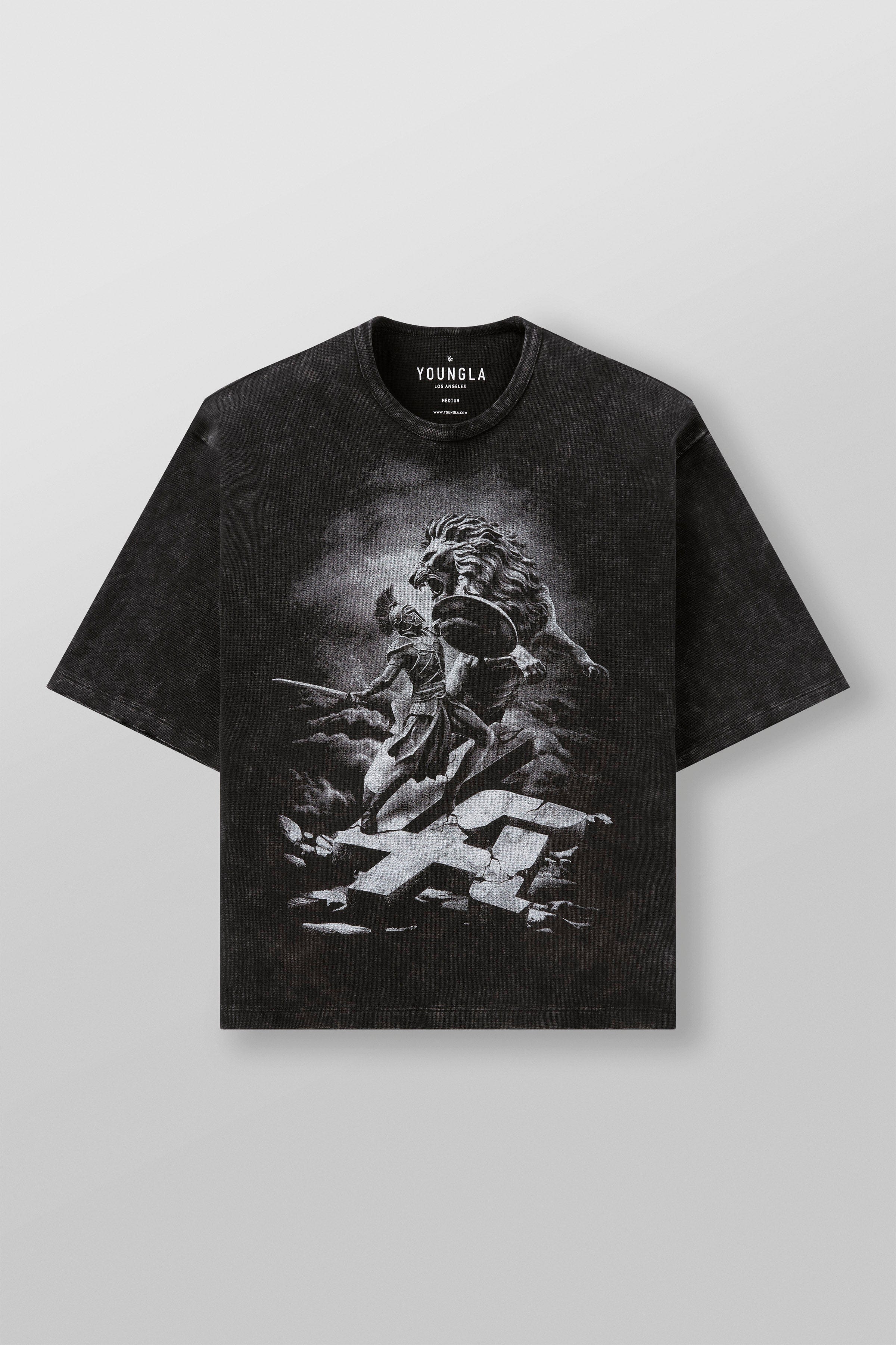 Close-up of graphic t-shirt detail on heavyweight cotton