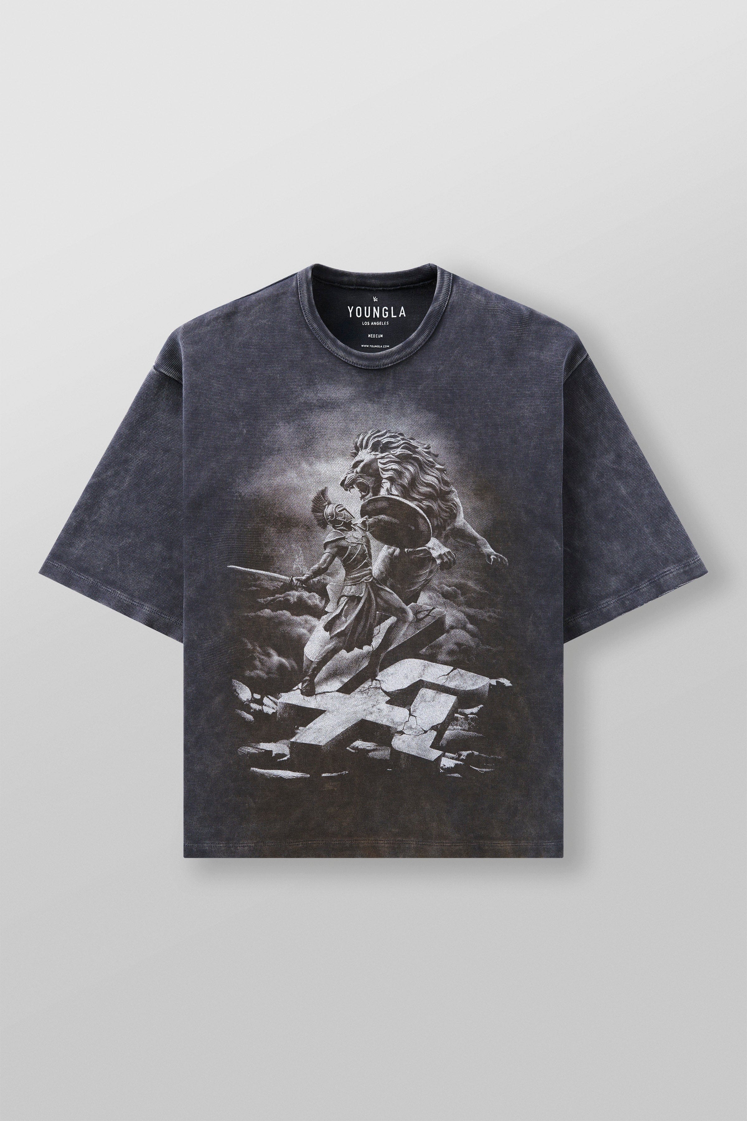 Side angle of vintage t-shirt with relaxed fit and worn texture
