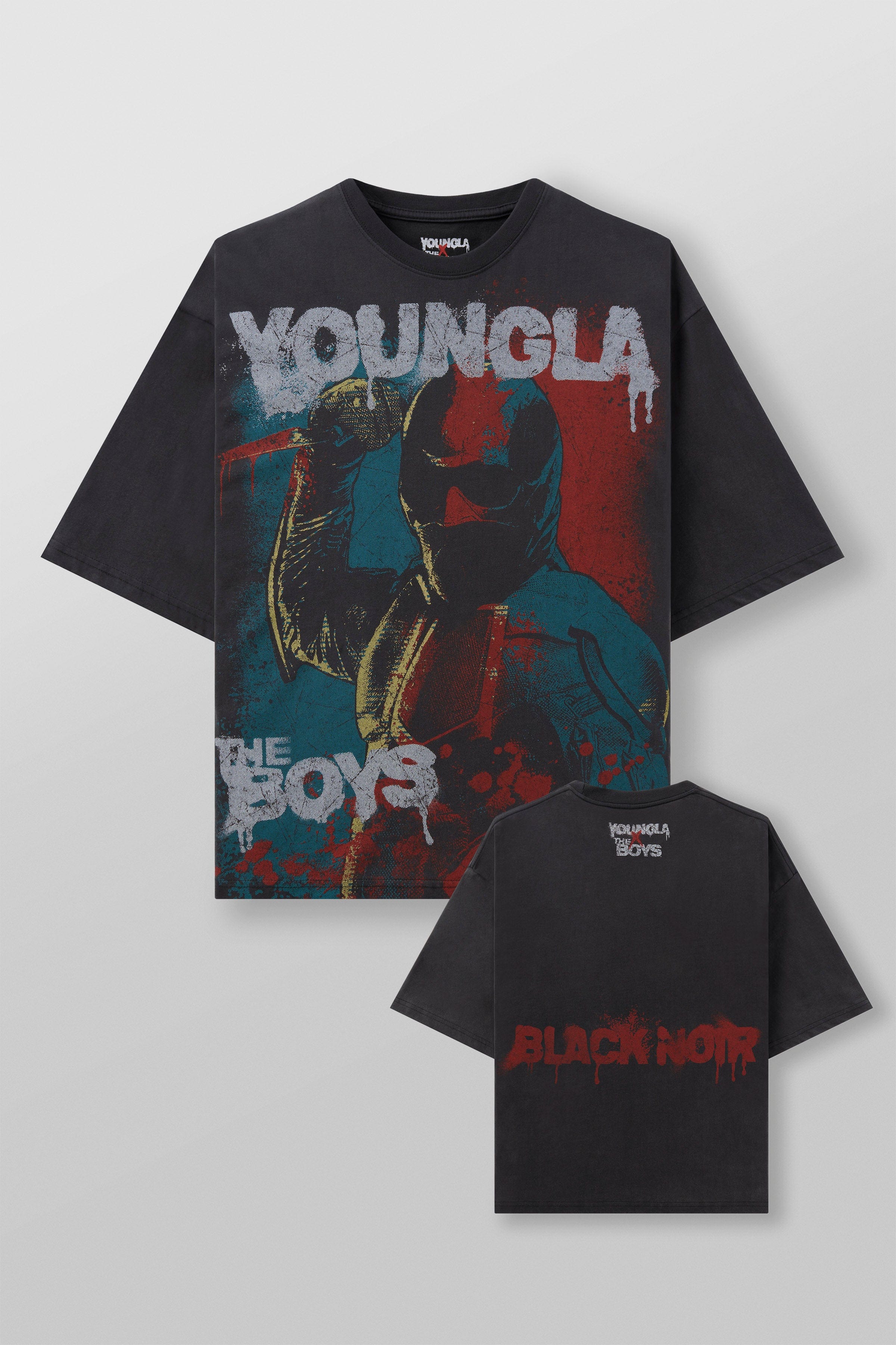 Close-up of The Boys tees artwork on premium cotton fabric