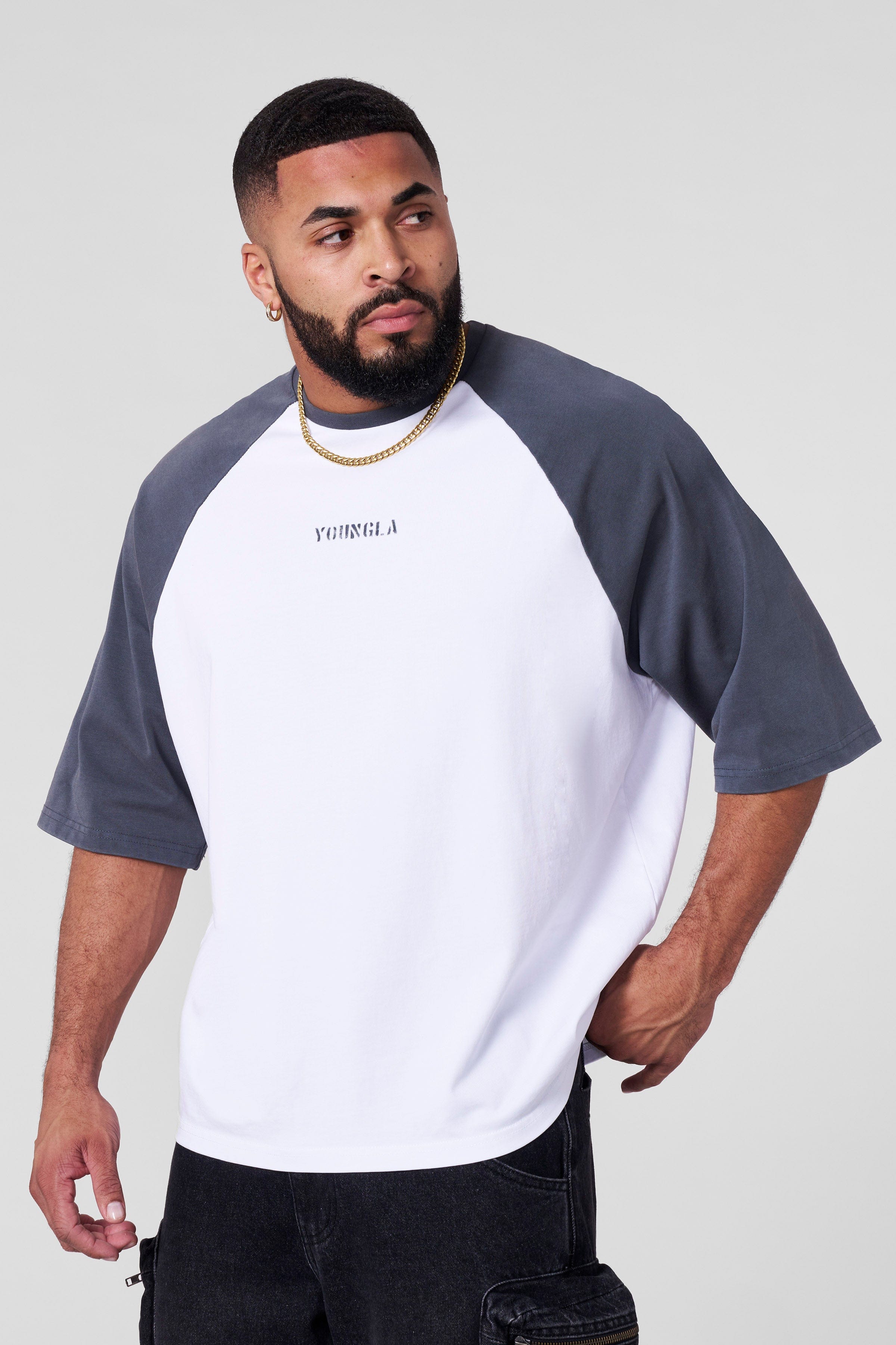 Model wearing the oversized baseball tee, perfect for casual outings.