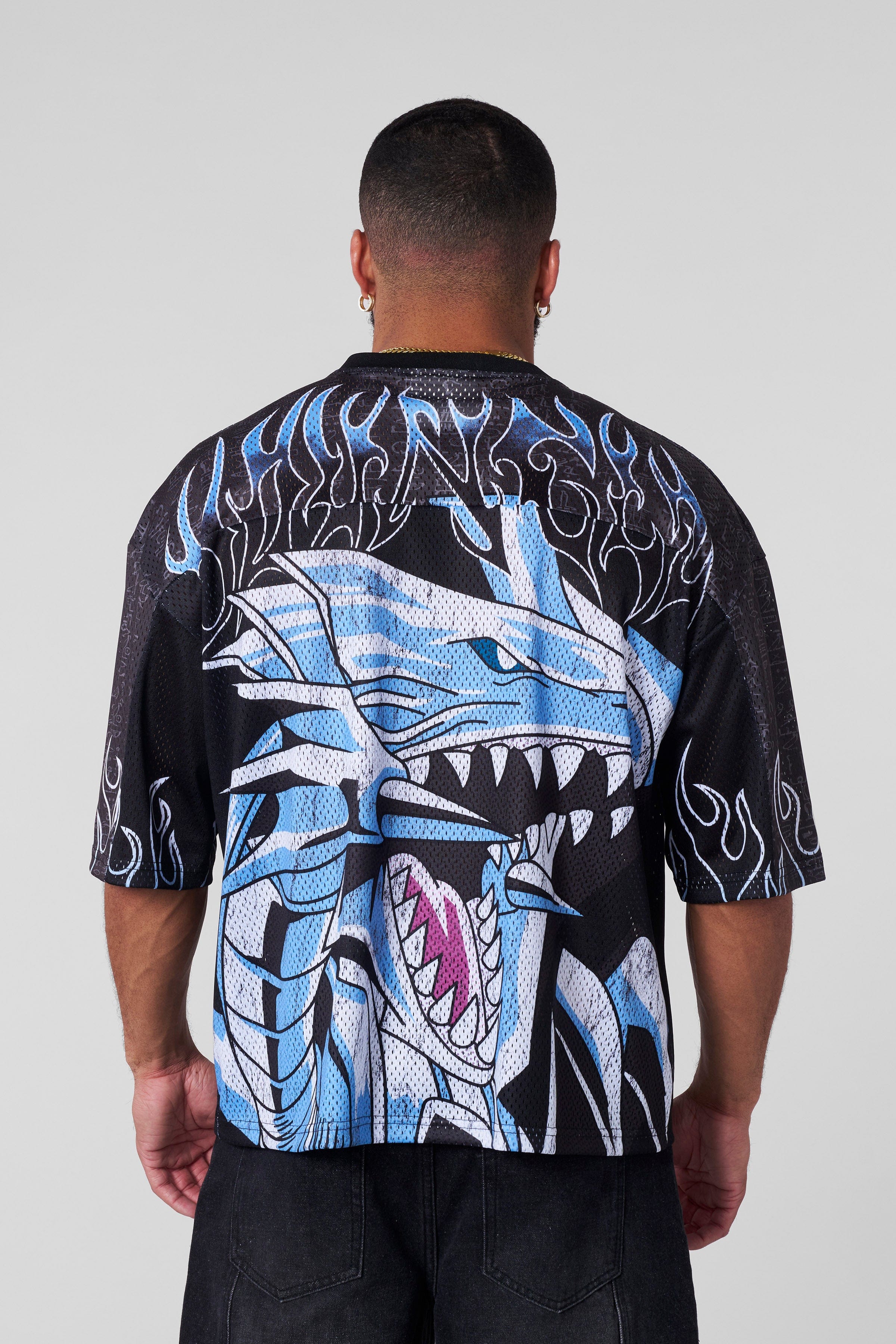 Close-up of the intricate graphics on the Yu-Gi-Oh! jersey.