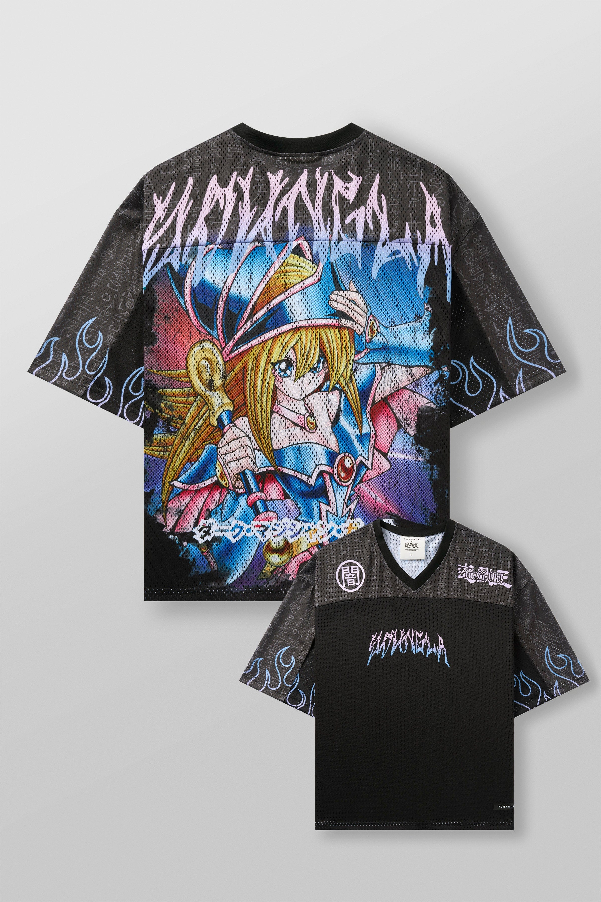 Front view of Yu-Gi-Oh! graphic jersey with character designs.