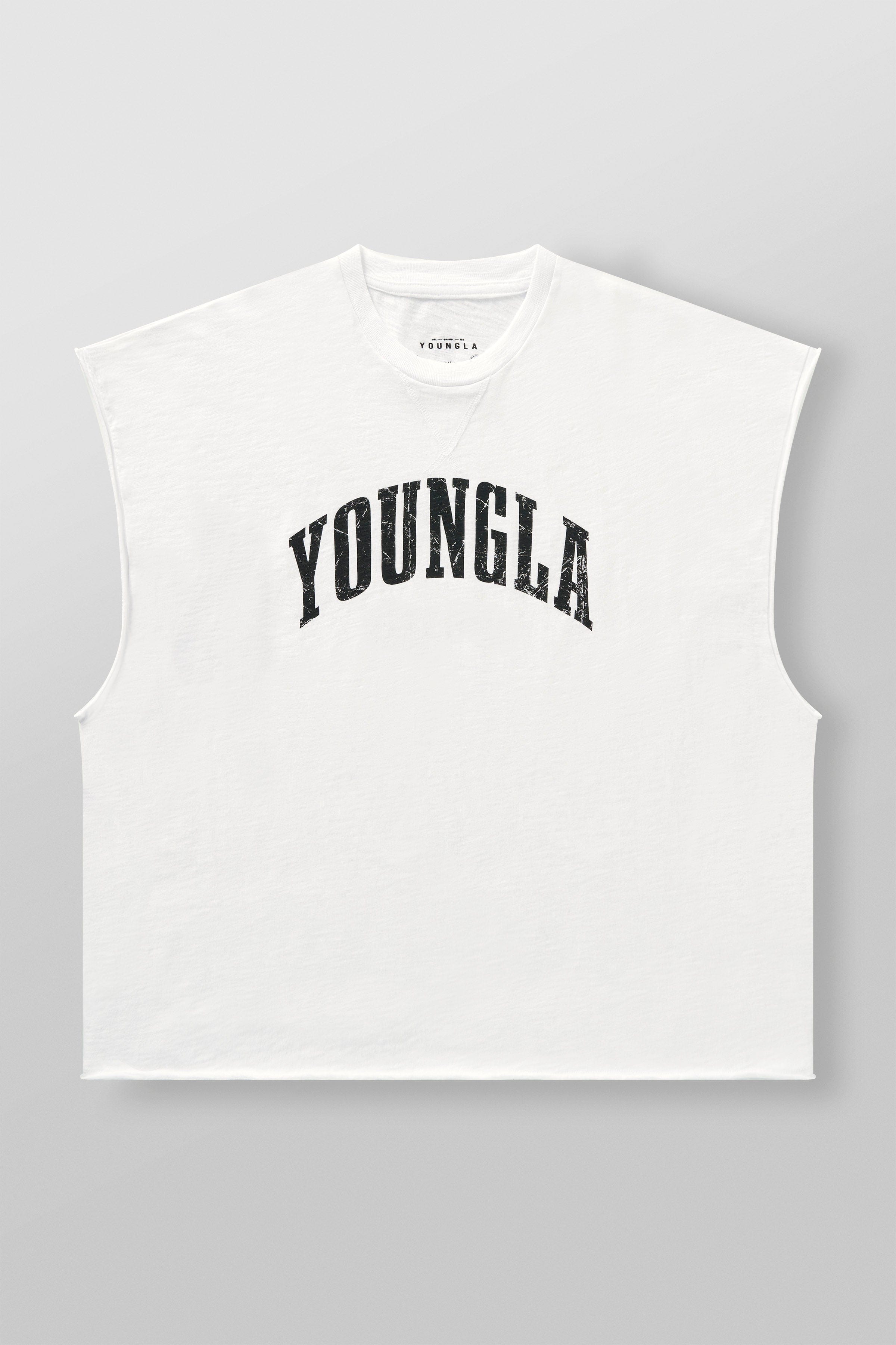 Front view of oversized t-shirt in gym setting, bold logo showing