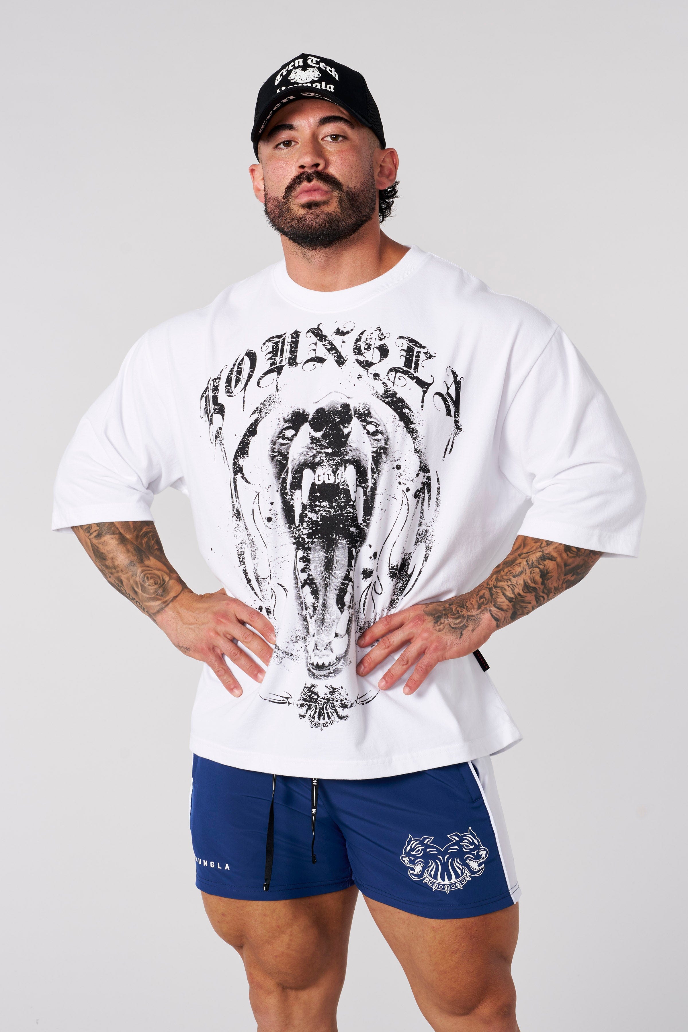 Front view of Fury Fit gym t-shirt with barking dog graphic for workout clothing men