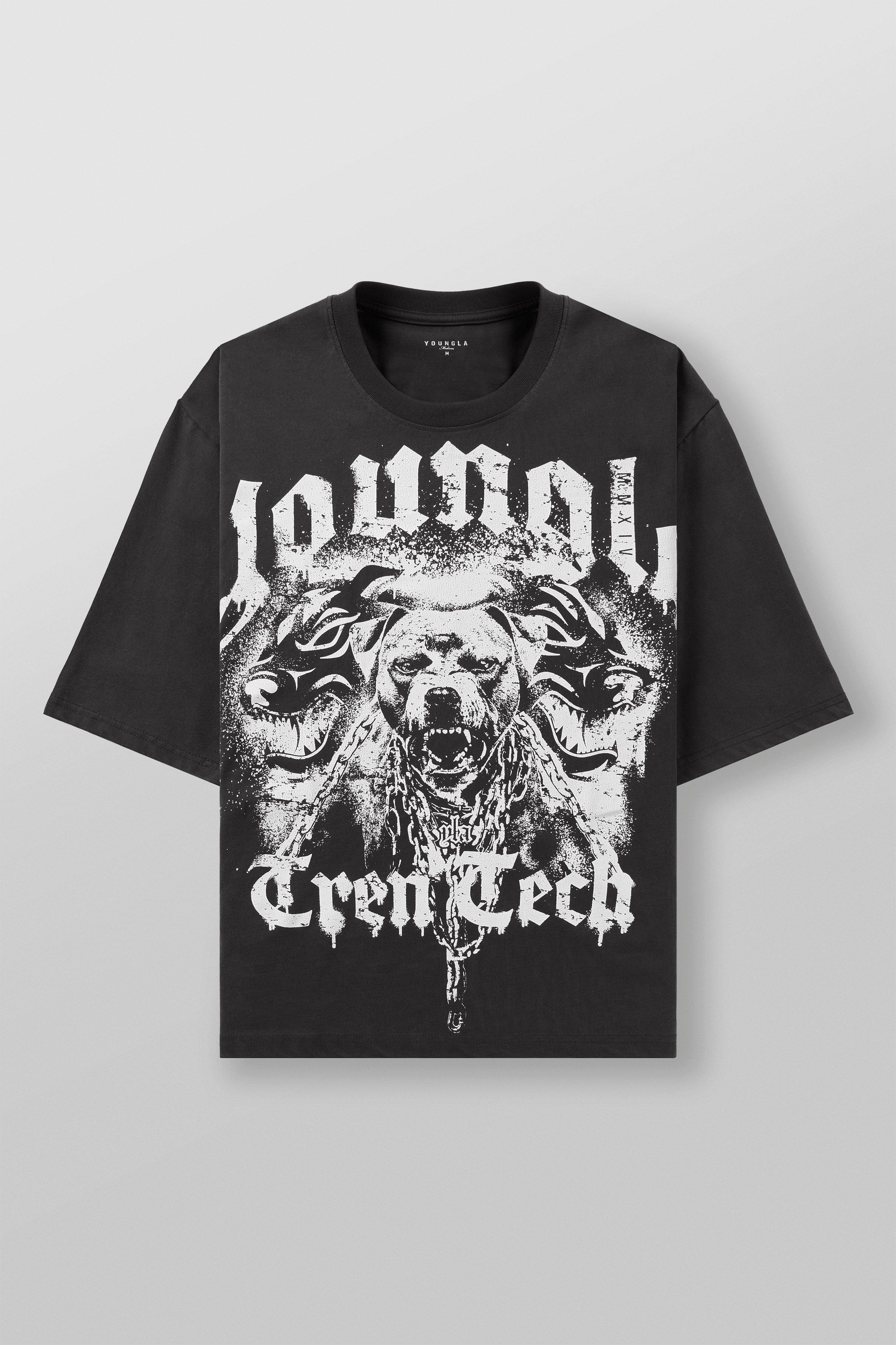 Front view of Tren Twins merch featuring barking pitbull graphic on black tee