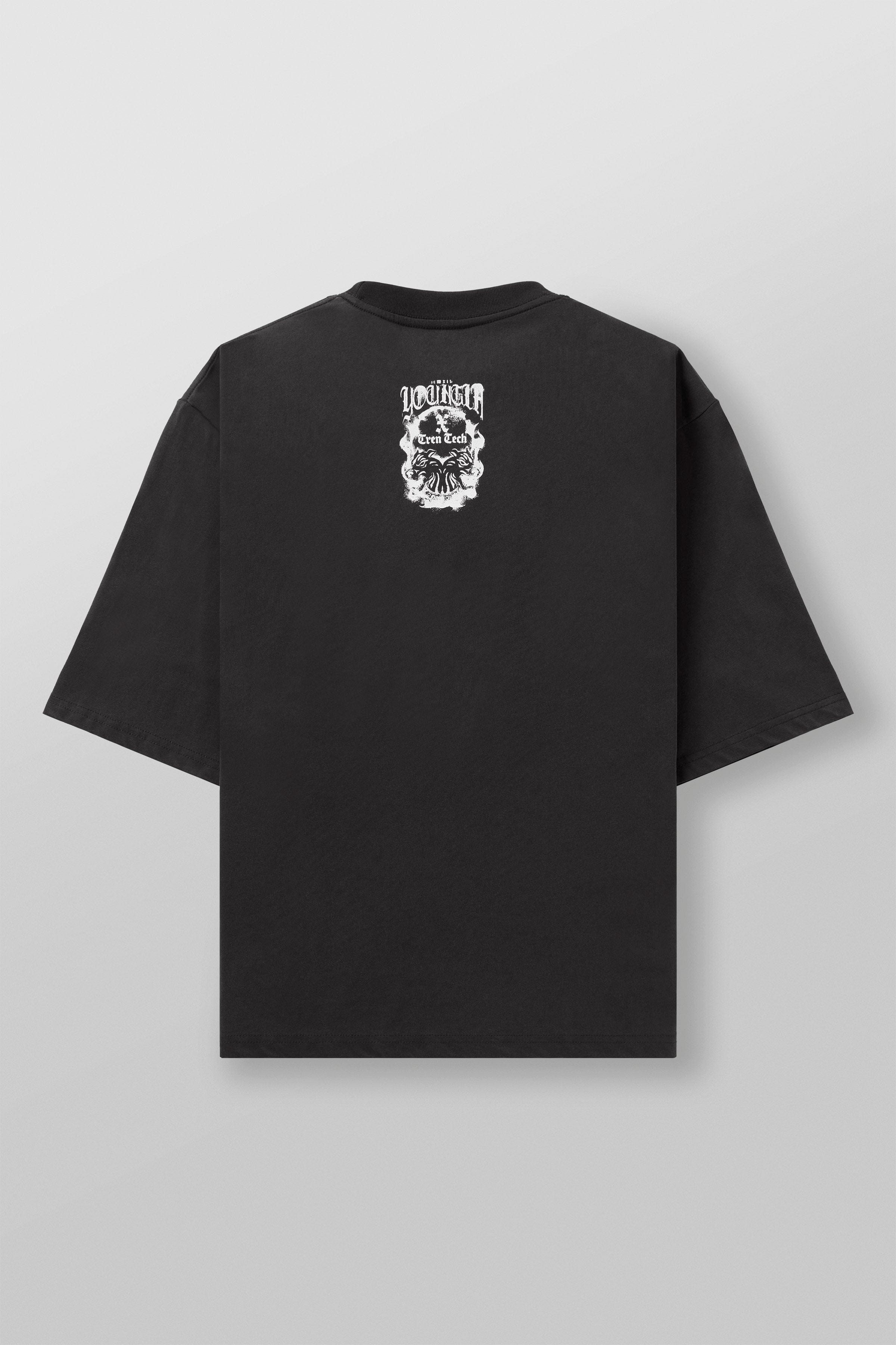 Front view of Tren Twins merch featuring barking pitbull graphic on black tee