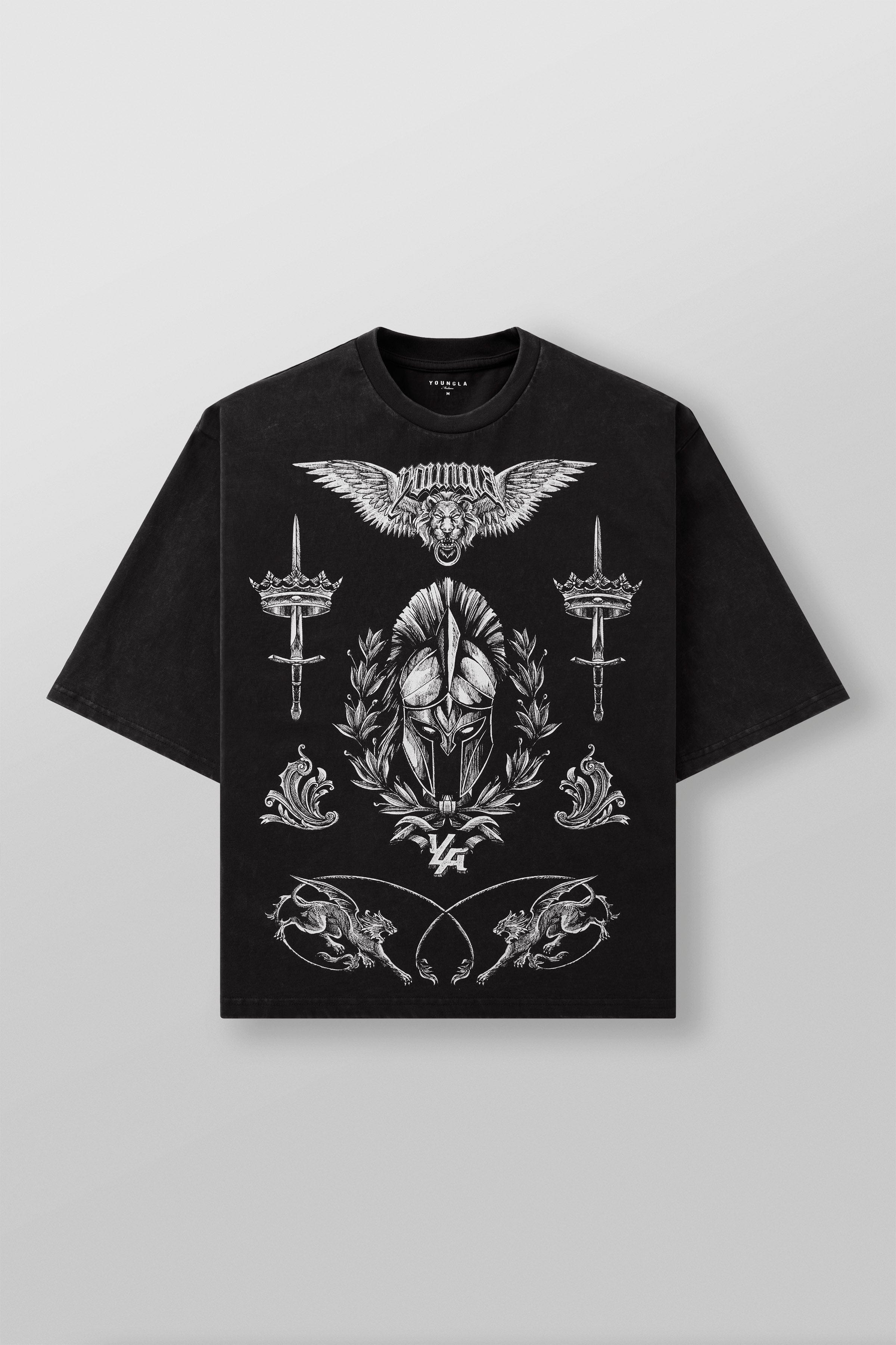 Front view of streetwear tee with royal battle graphics, worn in urban setting.