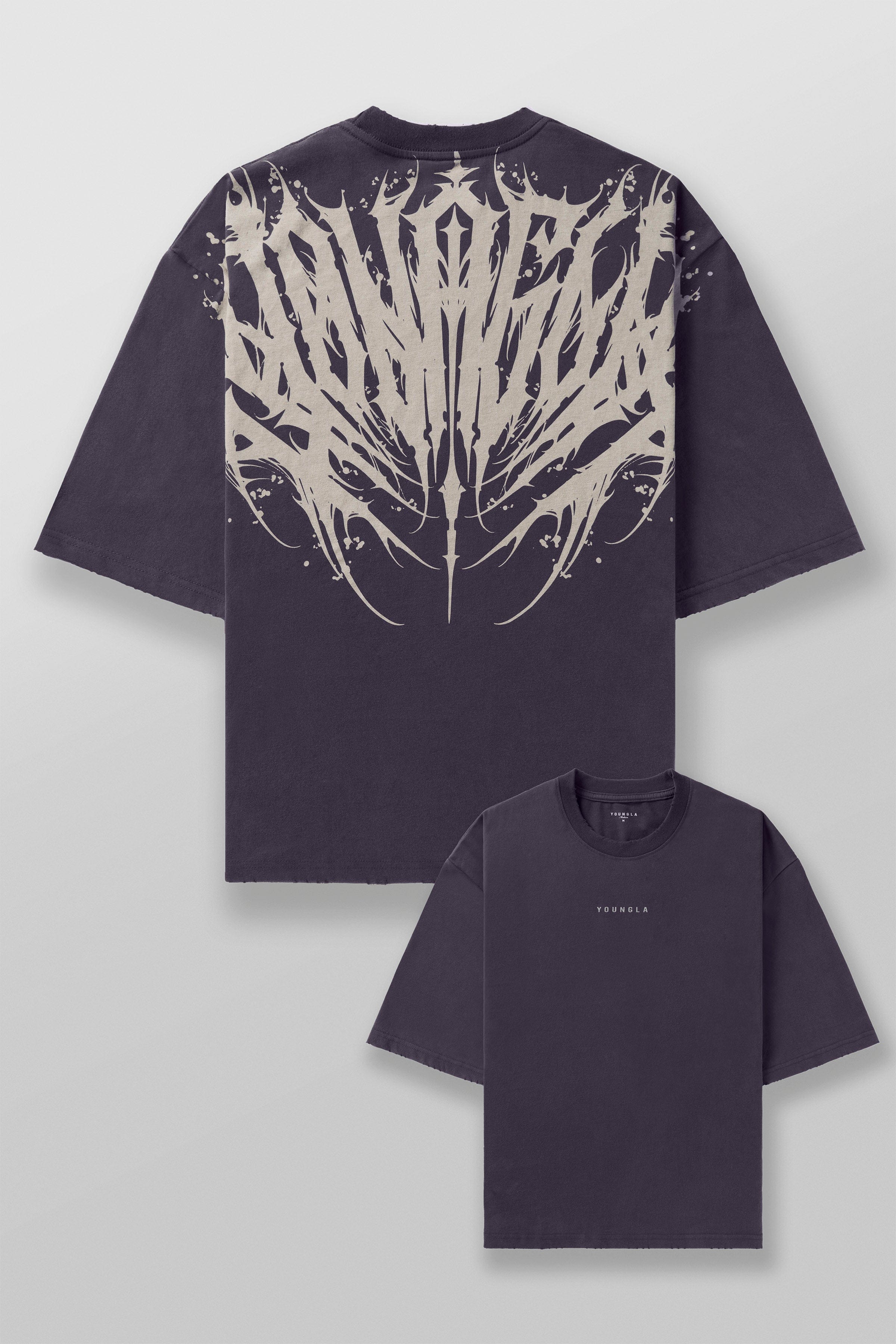Close-up of the distressed collar and sleeve details on the Chaos tee.