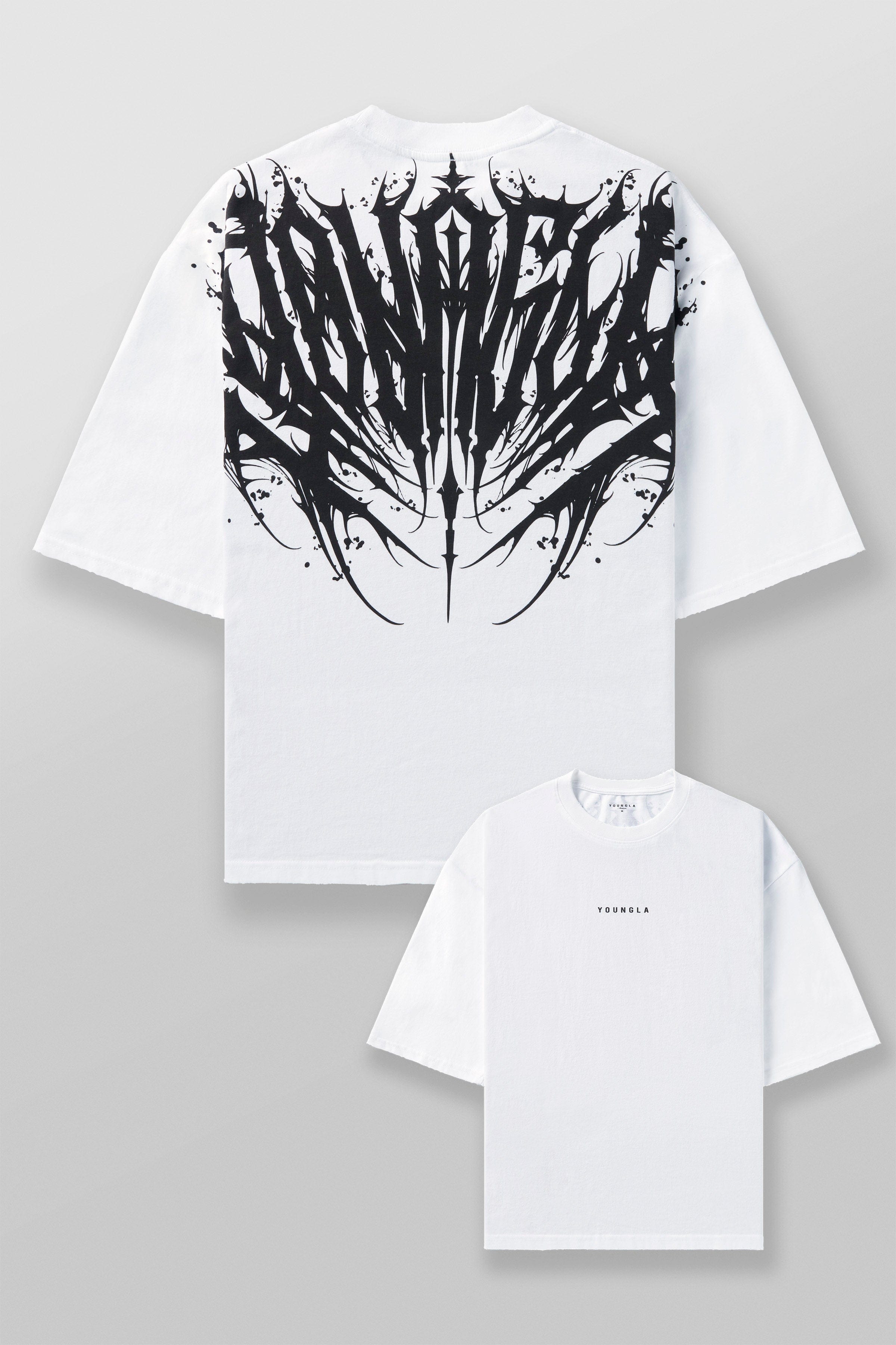 Front view of Chaos oversized graphic tee showcasing tattoo-inspired design.