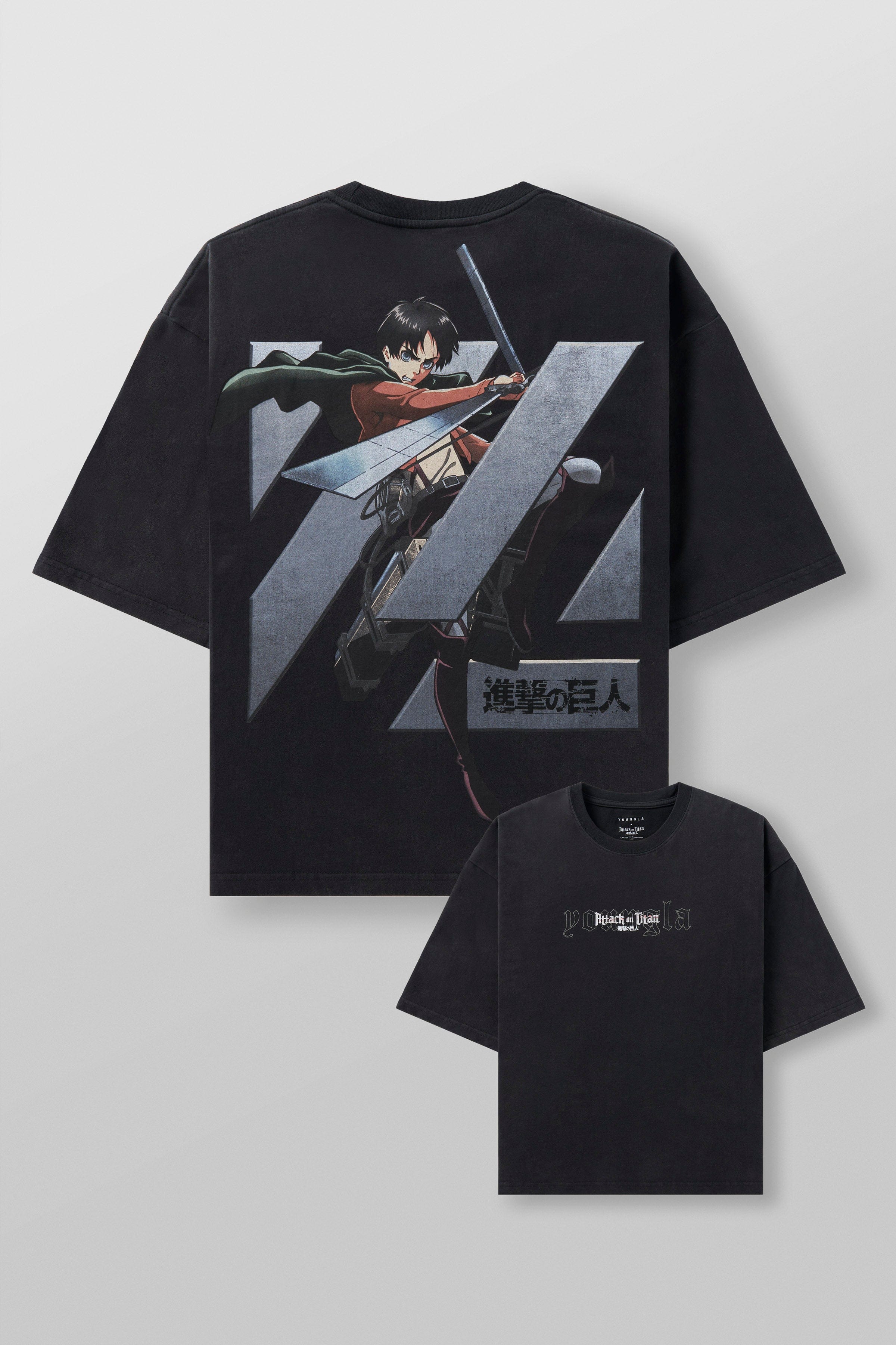 Close-up of the detailed design on the Attack on Titan cropped tee.