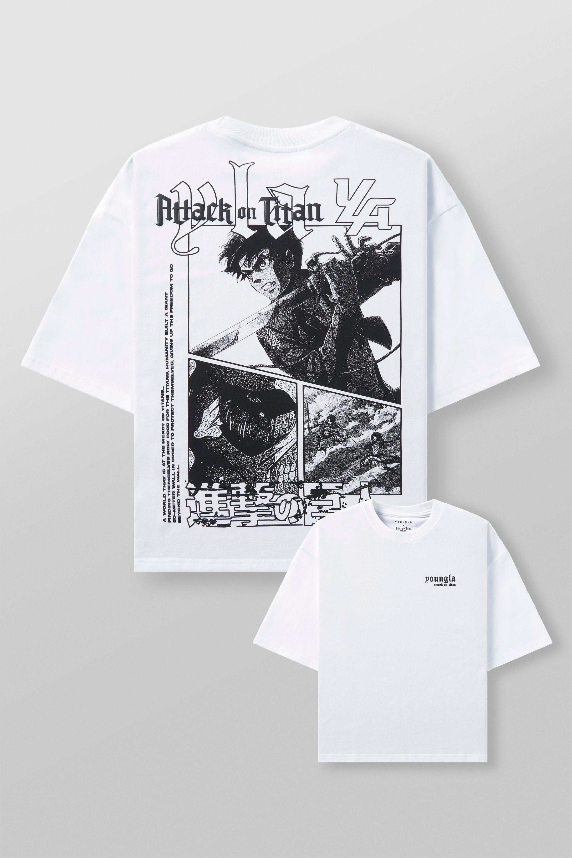 Front view of the Attack on Titan oversized cropped tee on a model.