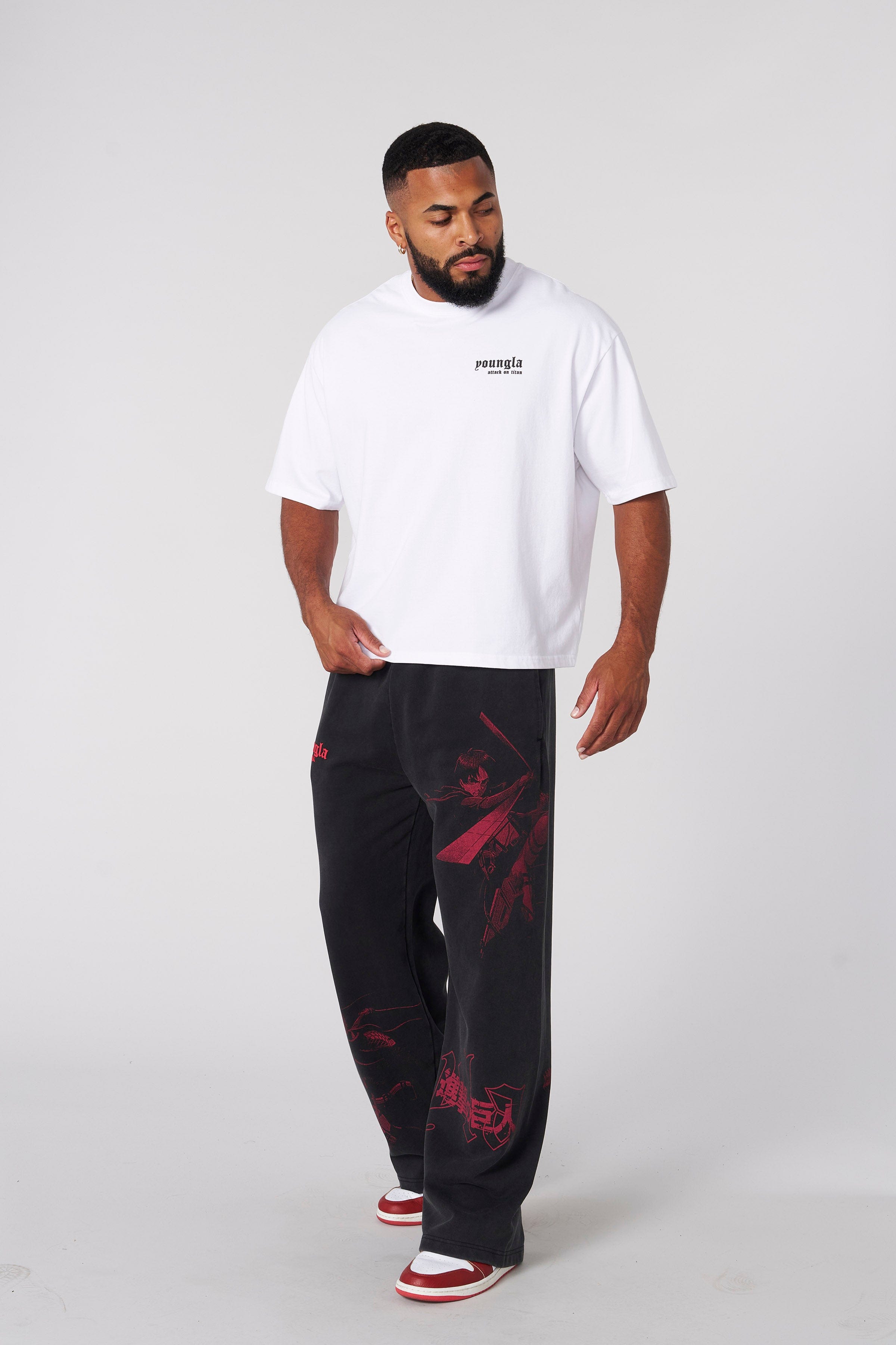 Front view of the Attack on Titan oversized cropped tee on a model.