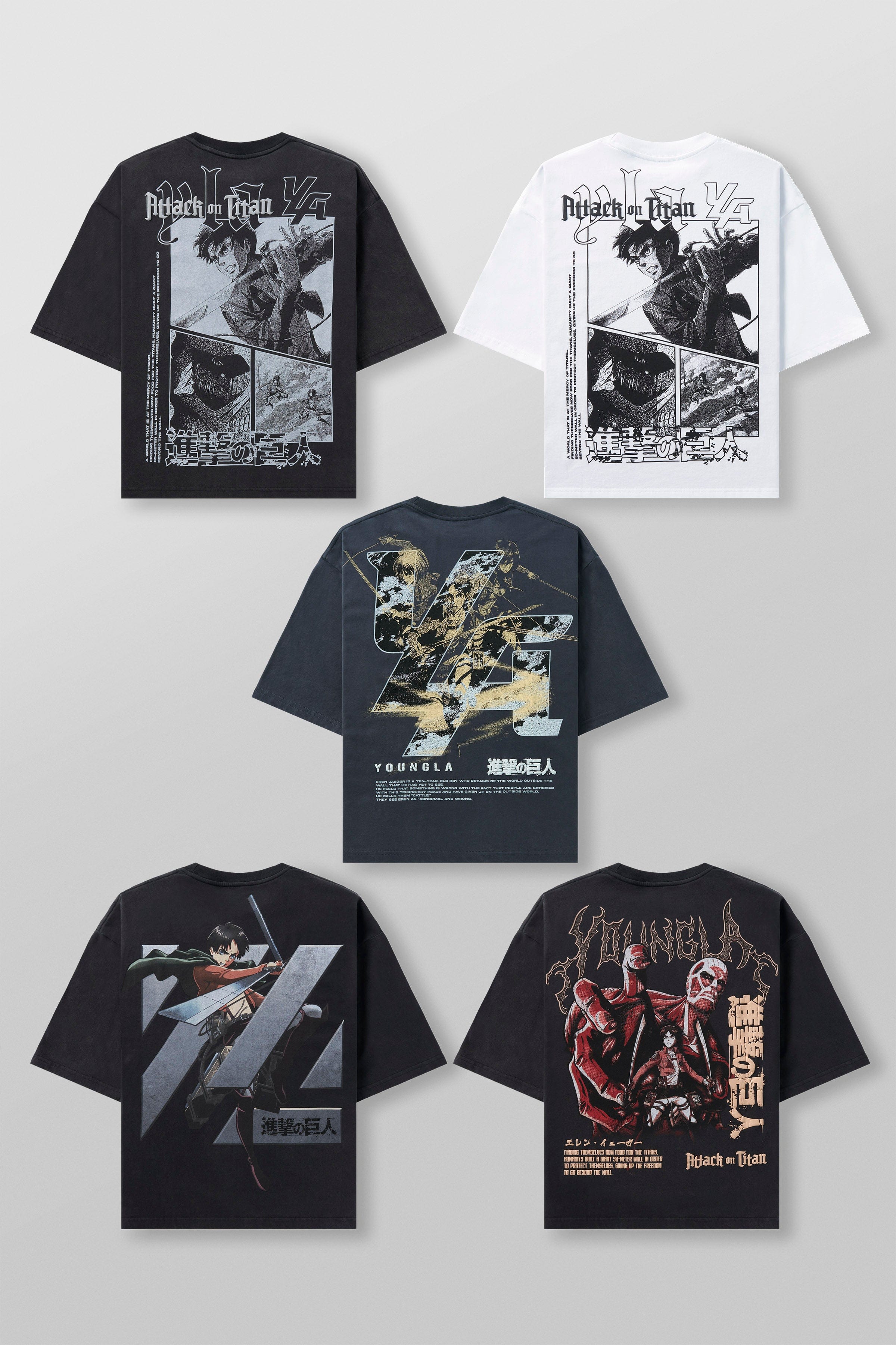 Front view of the Attack on Titan oversized cropped tee on a model.