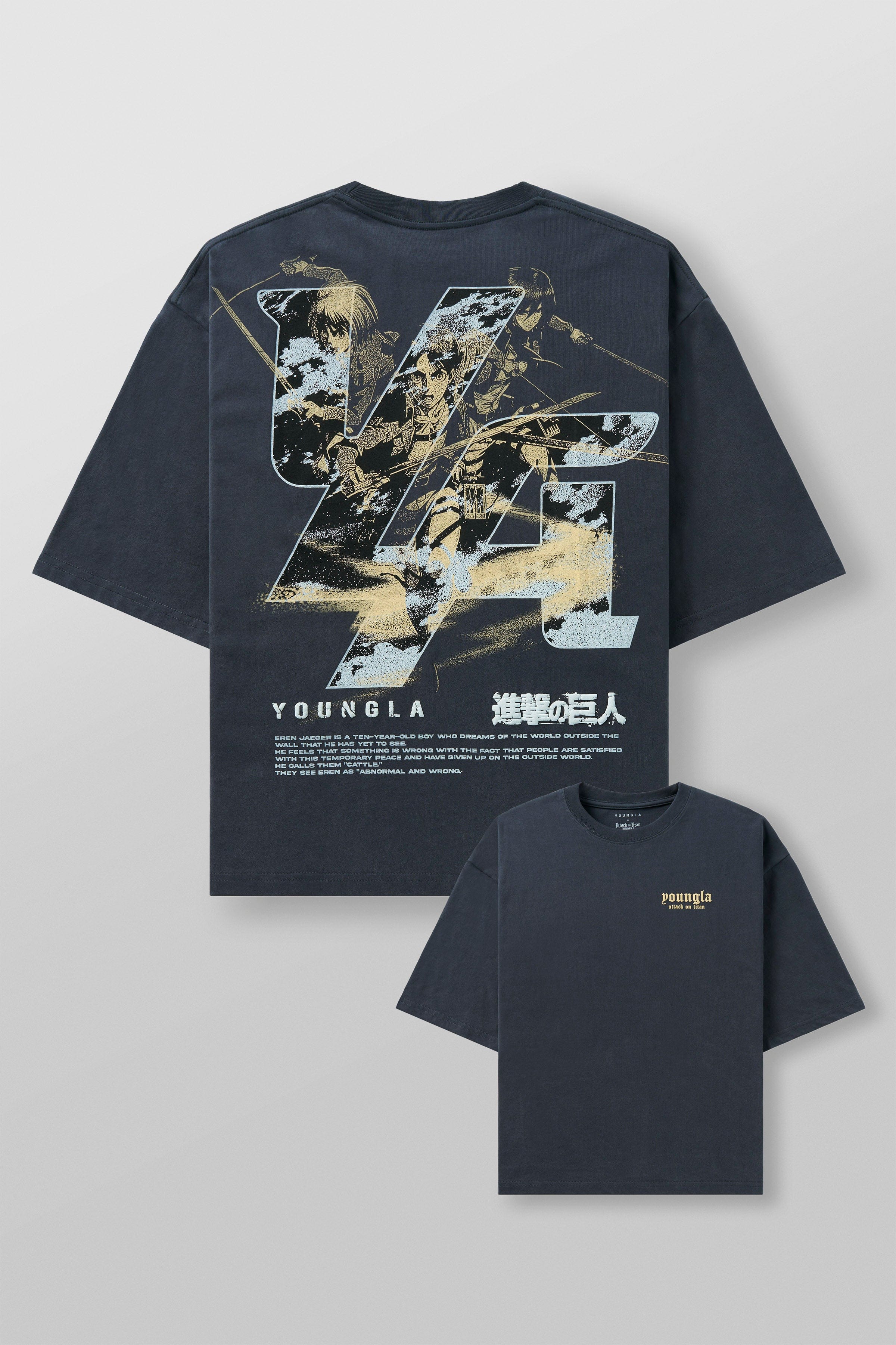 Close-up of the detailed design on the Attack on Titan cropped tee.