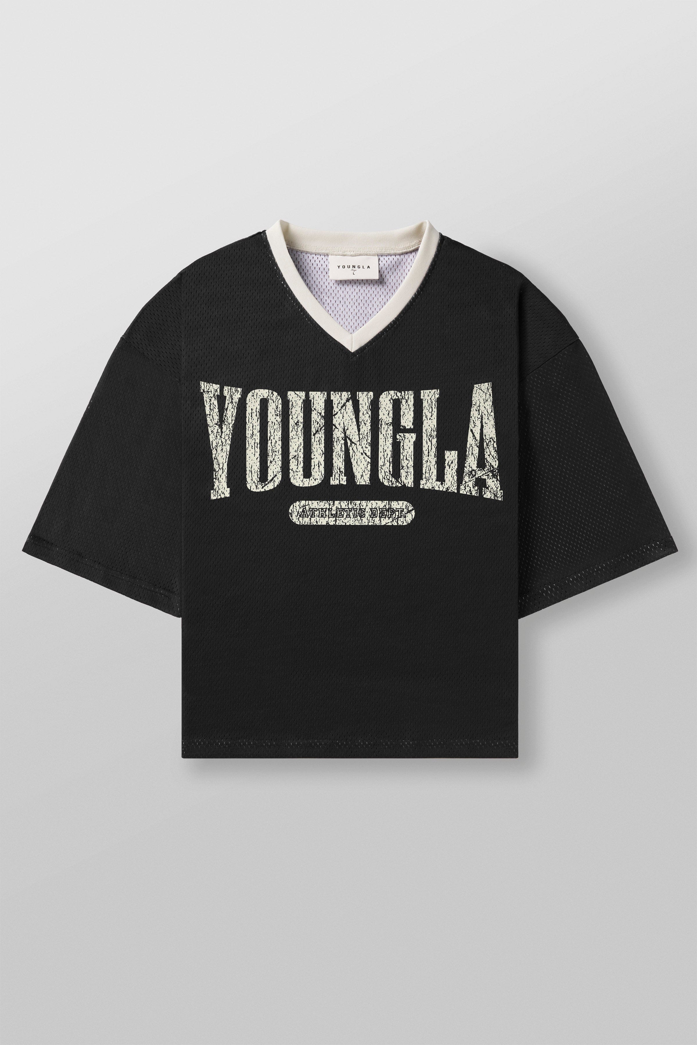 Front view of varsity football cropped jersey with ribbed V-neck and distressed logo