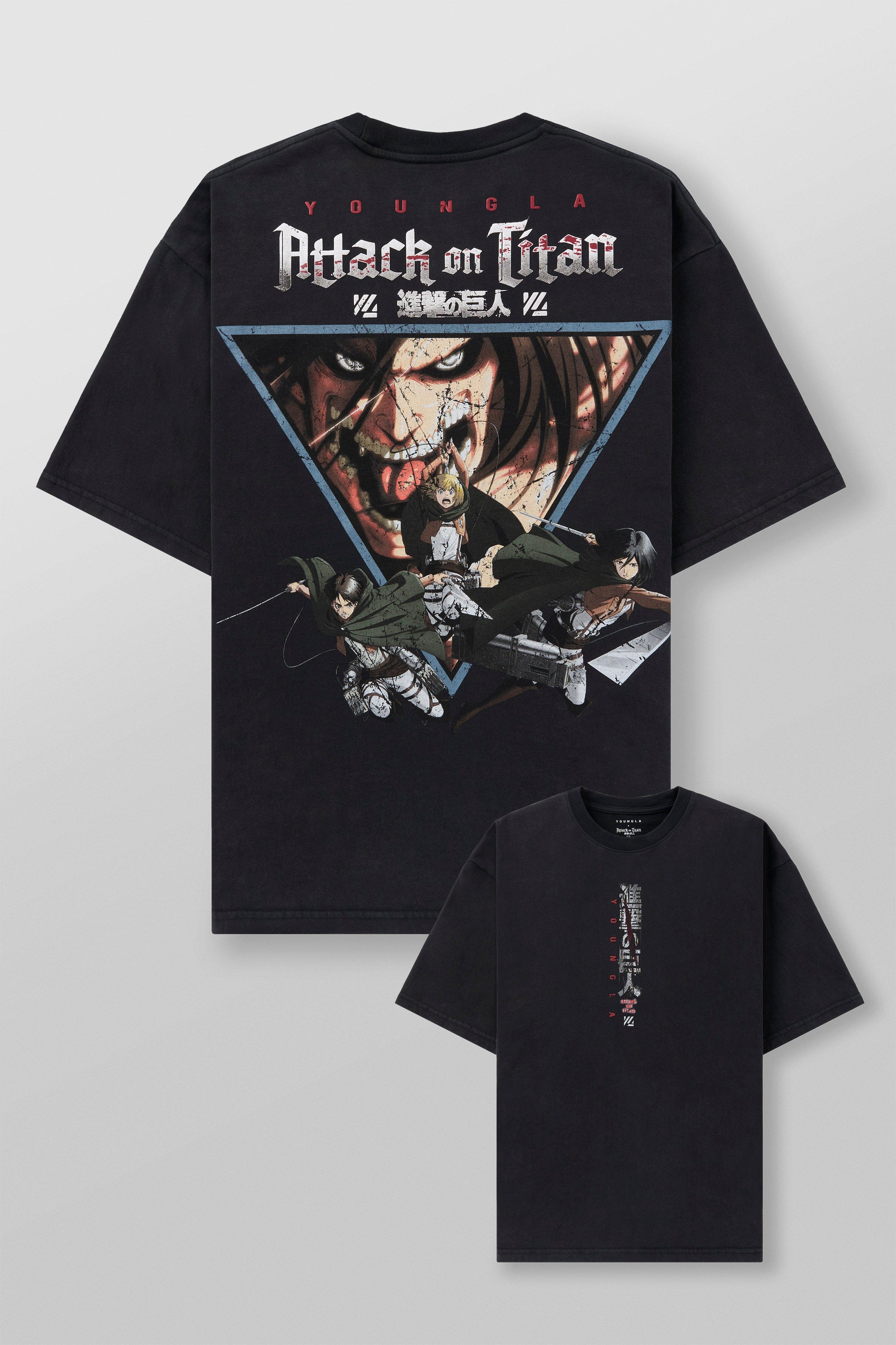Model wearing a relaxed black graphic tee featuring Attack on Titan.