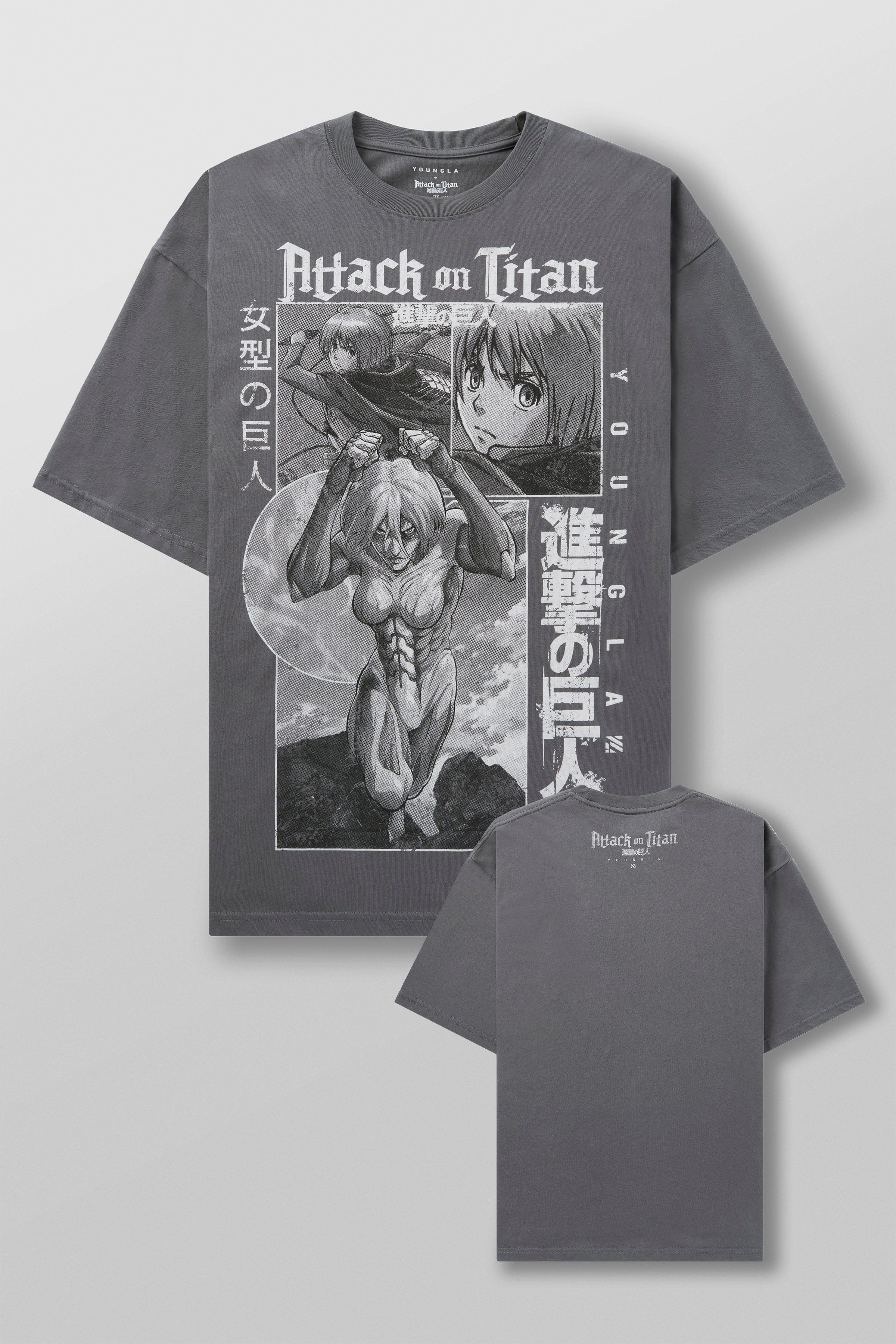 Front view of Attack on Titan graphic tee in a casual setting.