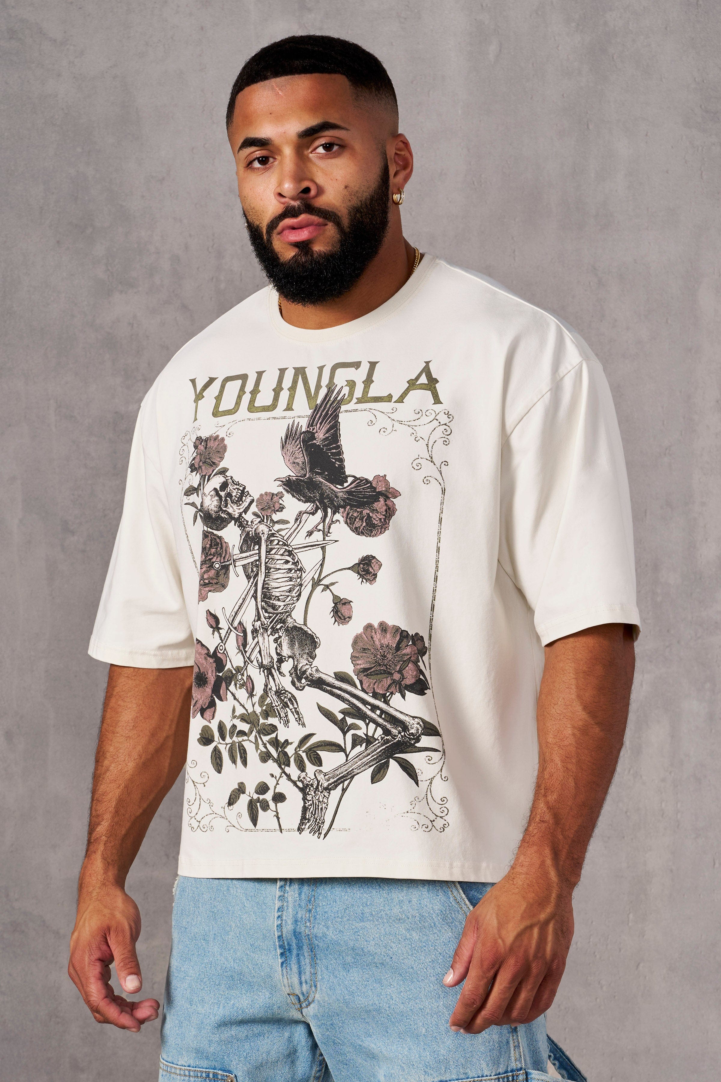 Front view of vintage t-shirt worn by model in urban setting