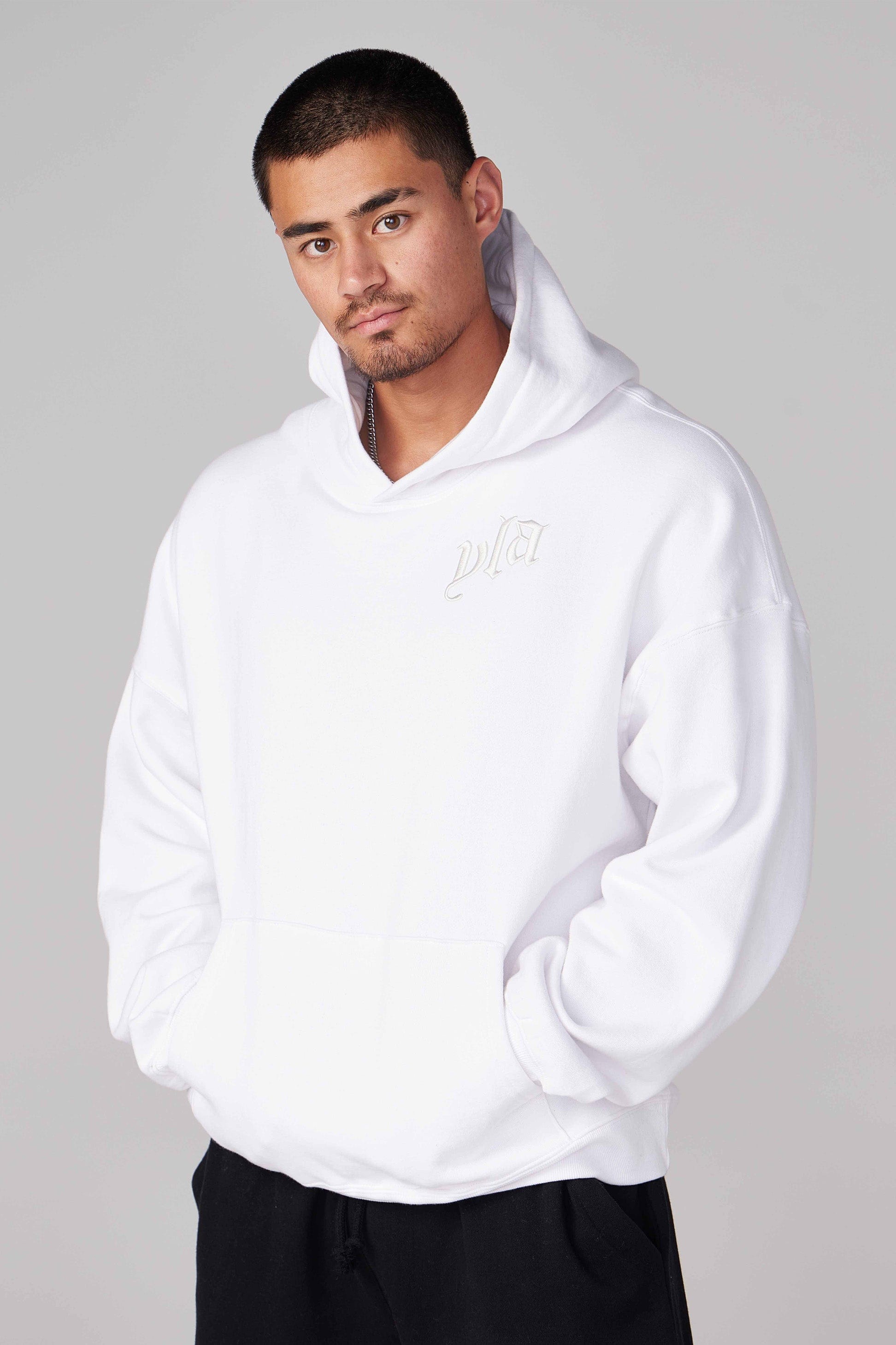 Detail of ribbed cuffs and hem on marshmallow hoodie