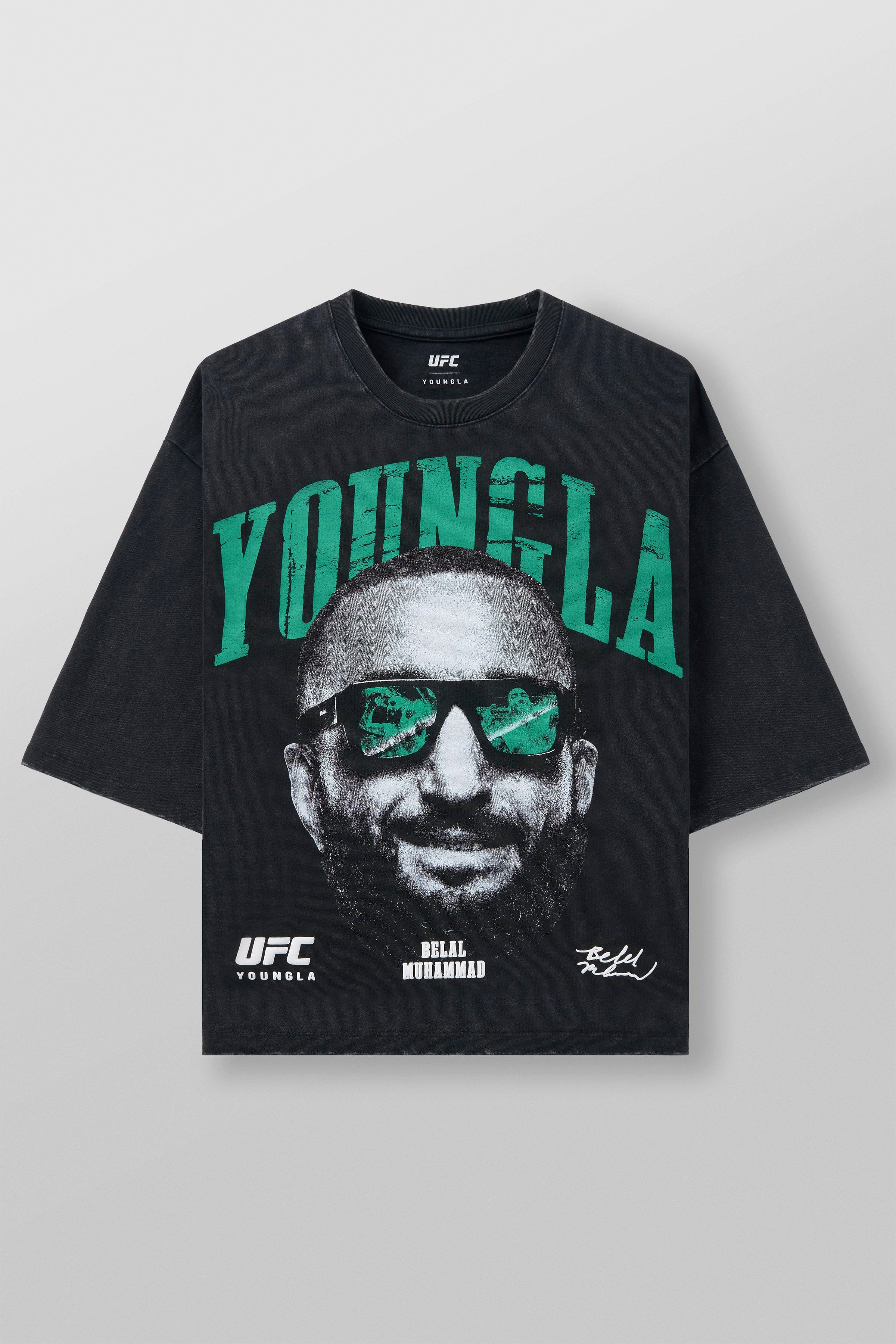 Front angle of fight club tee with bold fighter face print, worn casually
