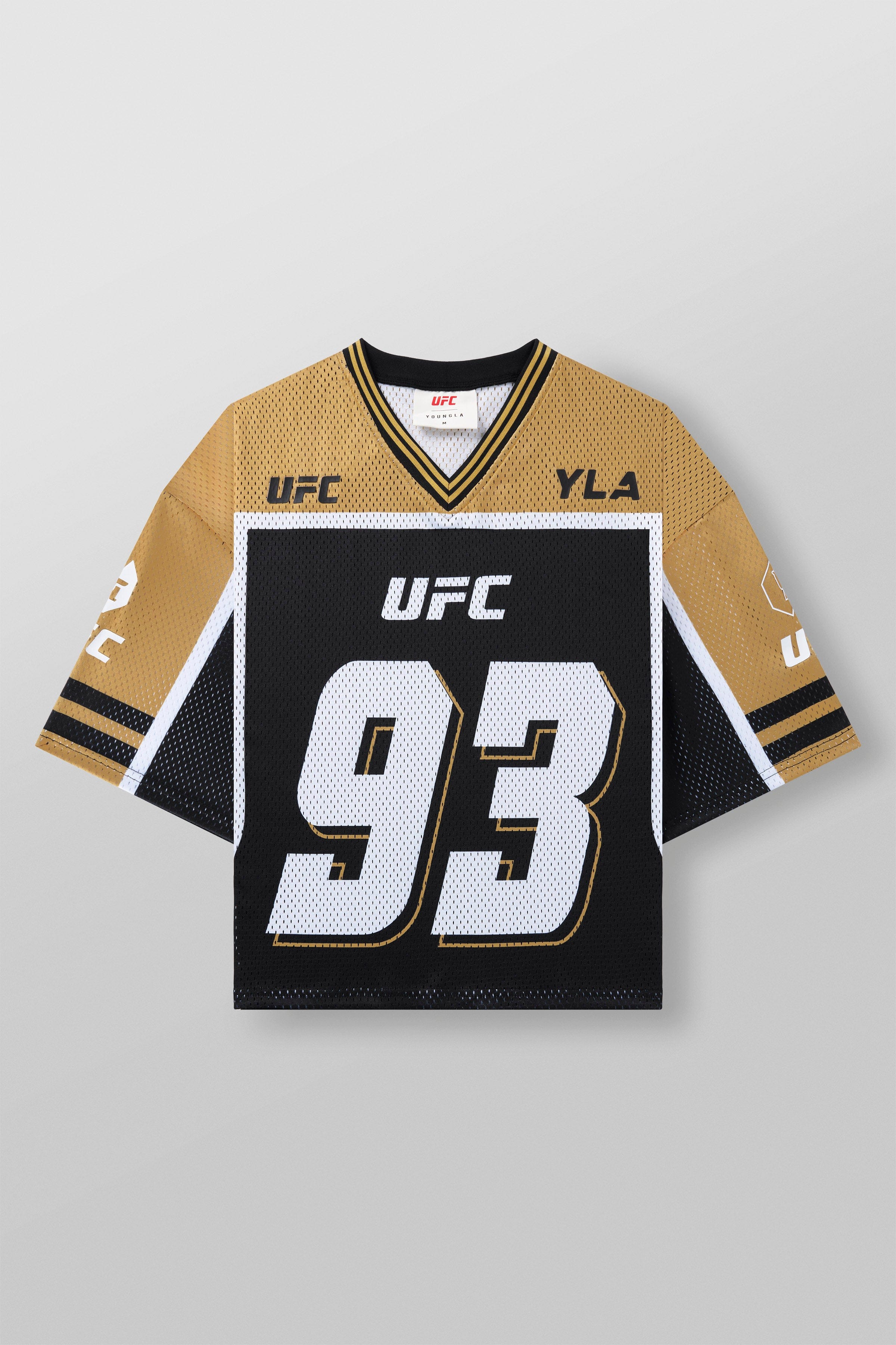 Close-up of UFC logo on the YoungLA jersey, highlighting its sporty design.