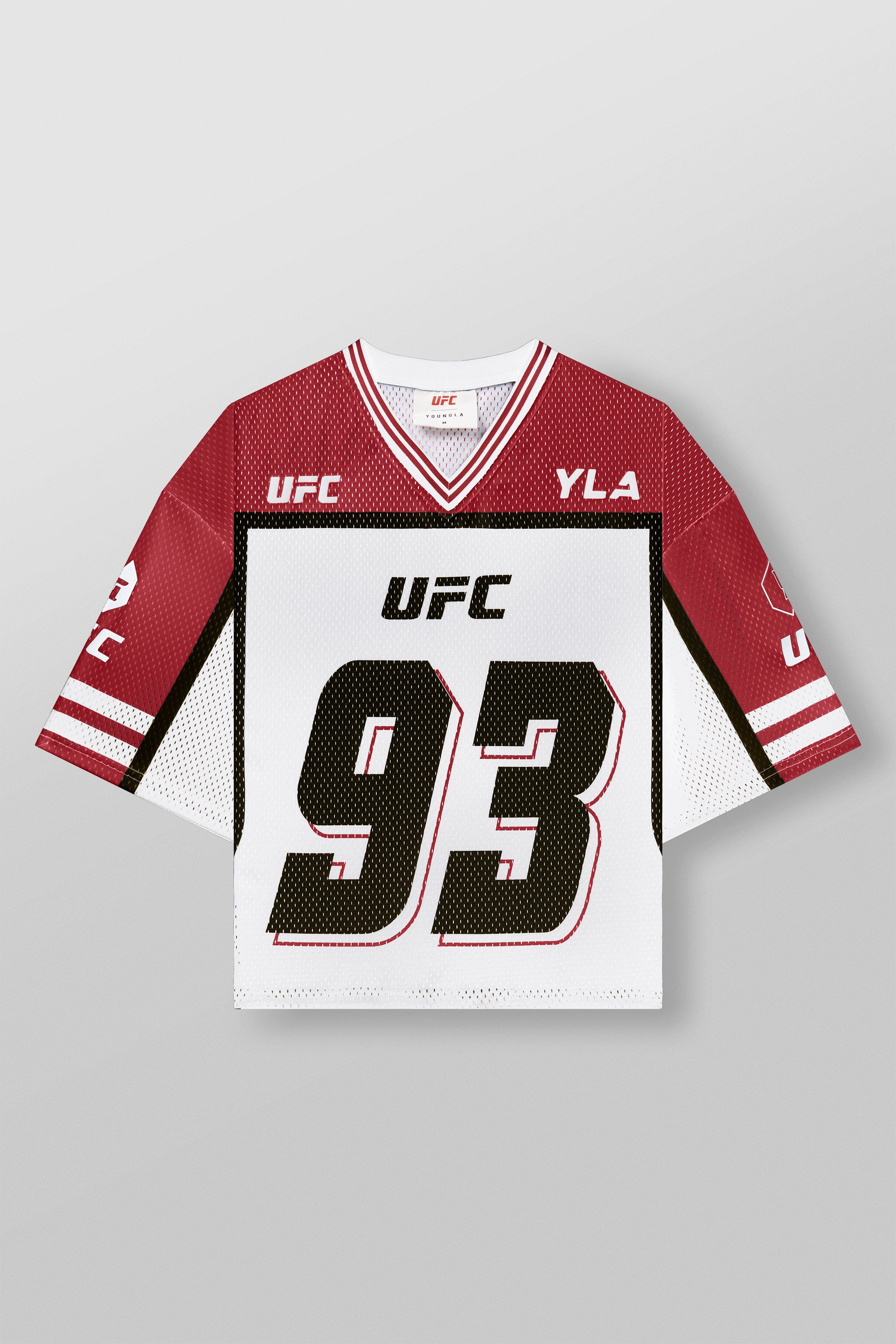 Front view of UFC x YoungLA athletic jersey on a model, showcasing its breathable mesh fabric.