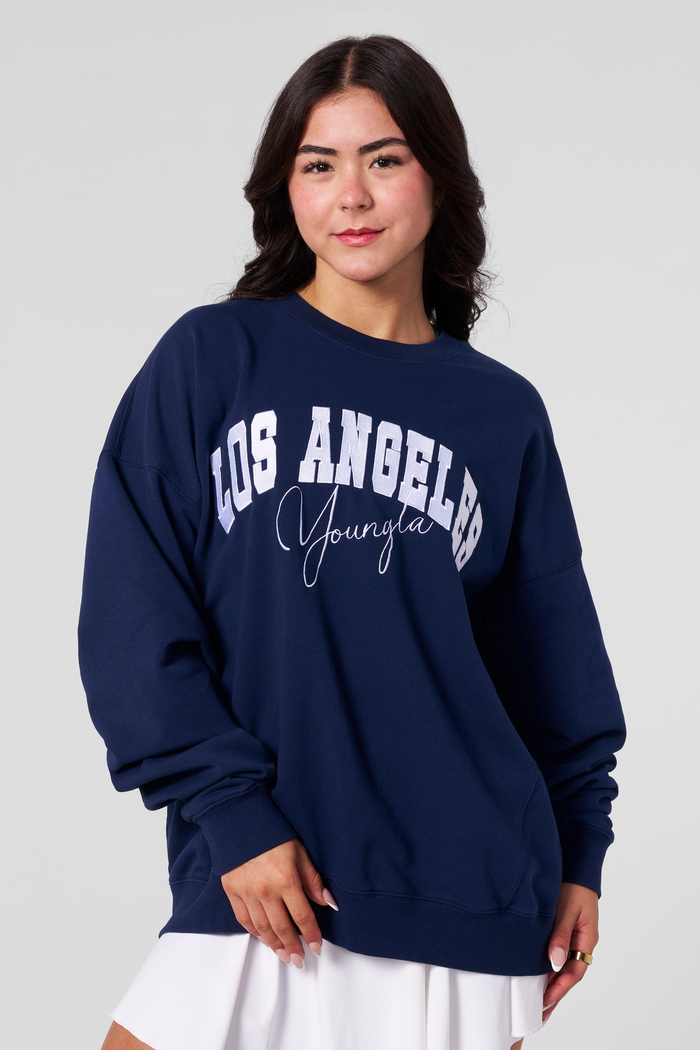 Close-up of the varsity crewneck’s soft fleece texture