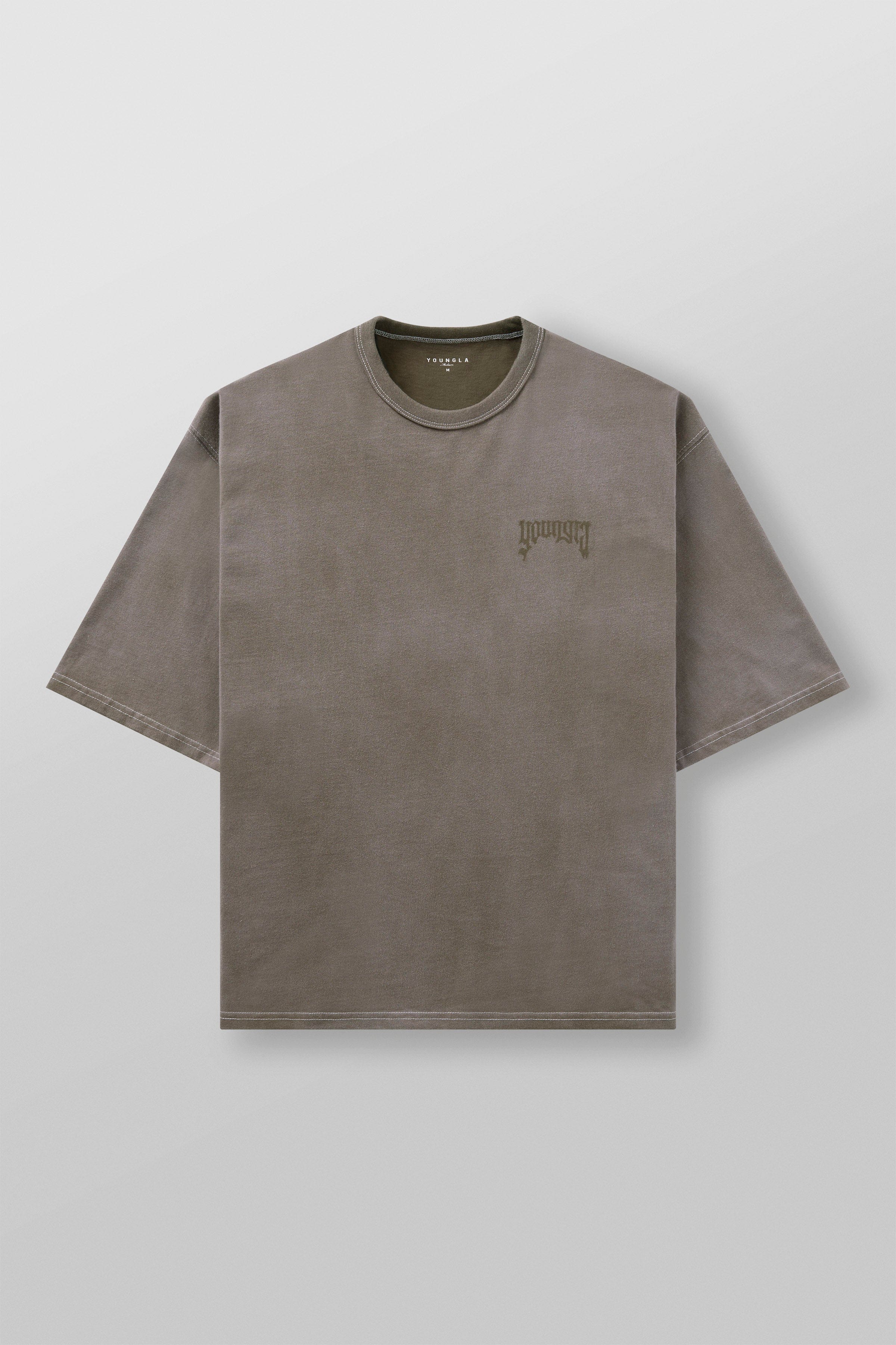 Front view of oversized cotton t shirt with shadow logo on neutral background