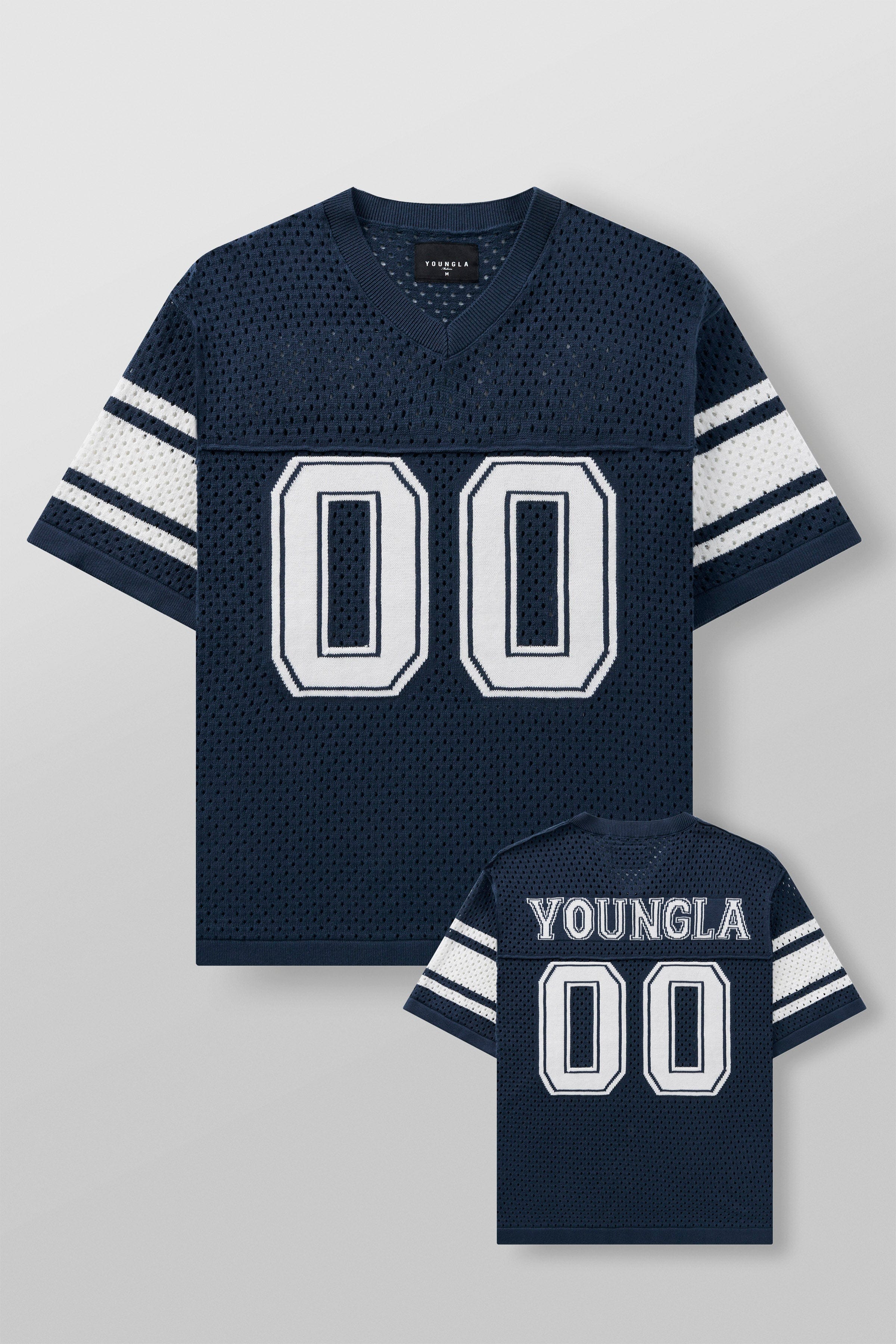 Front view of varsity knit jersey with stripes and varsity number
