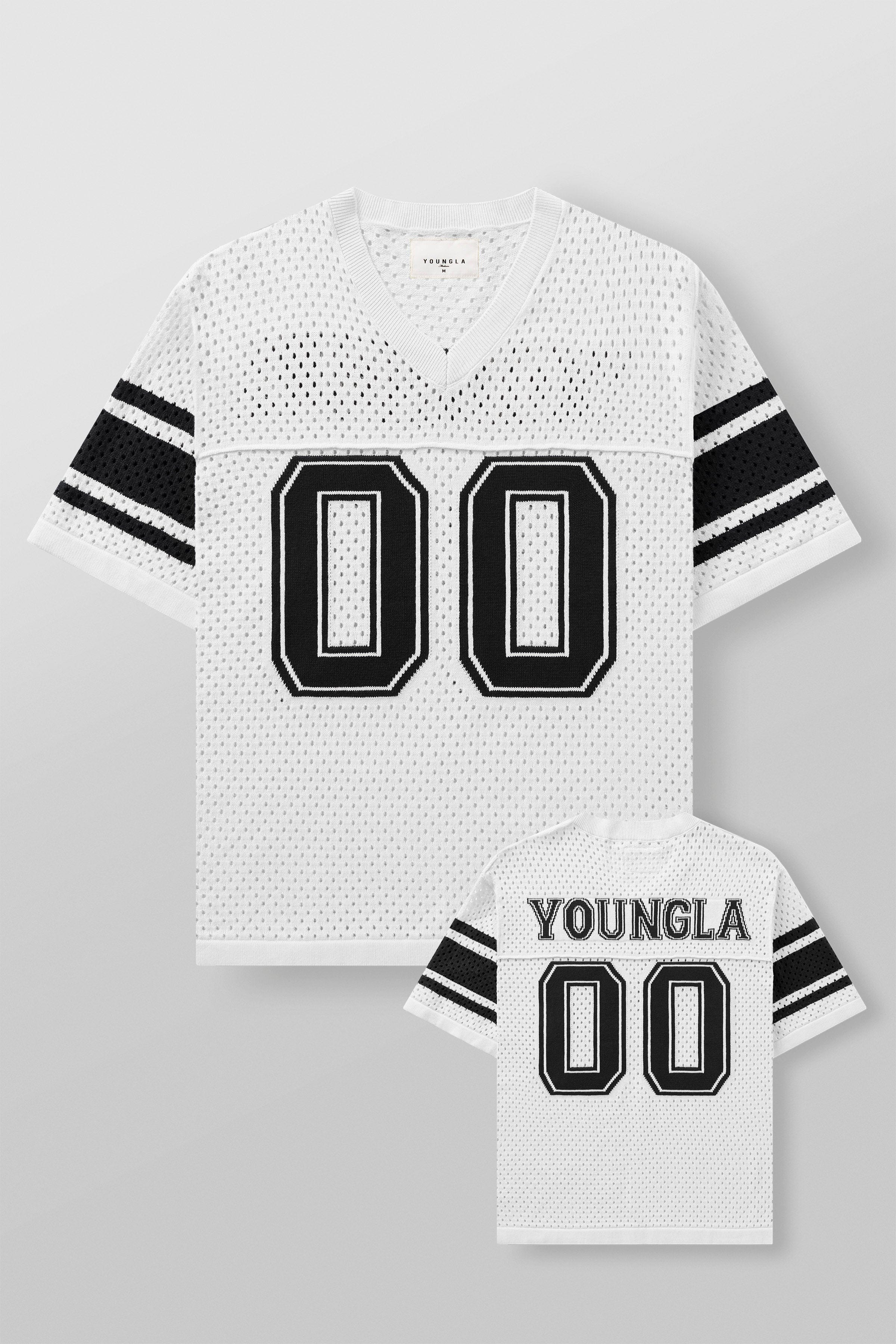 Front view of varsity knit jersey with stripes and varsity number