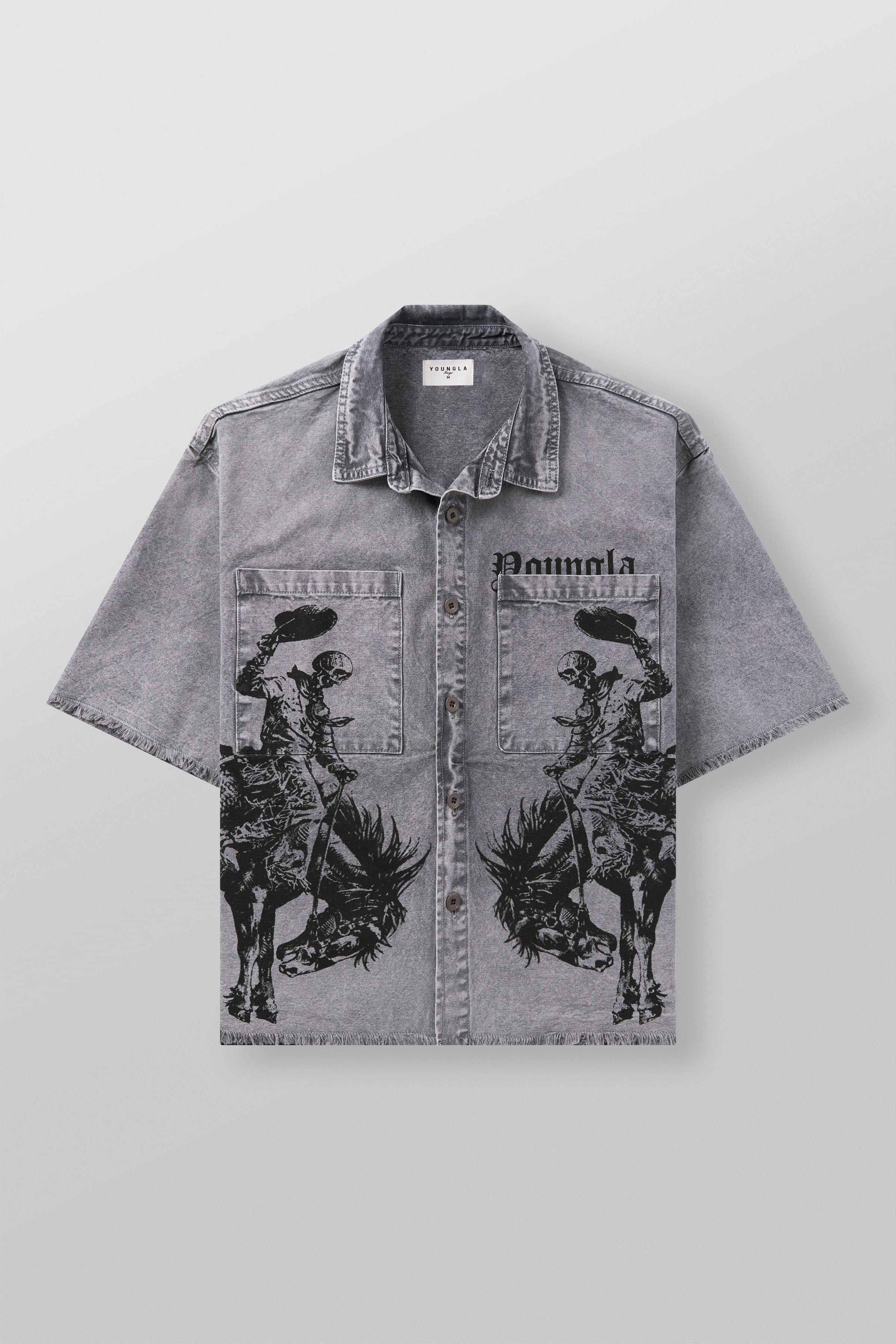 Flat lay showing front and back graphic design of button up shirt