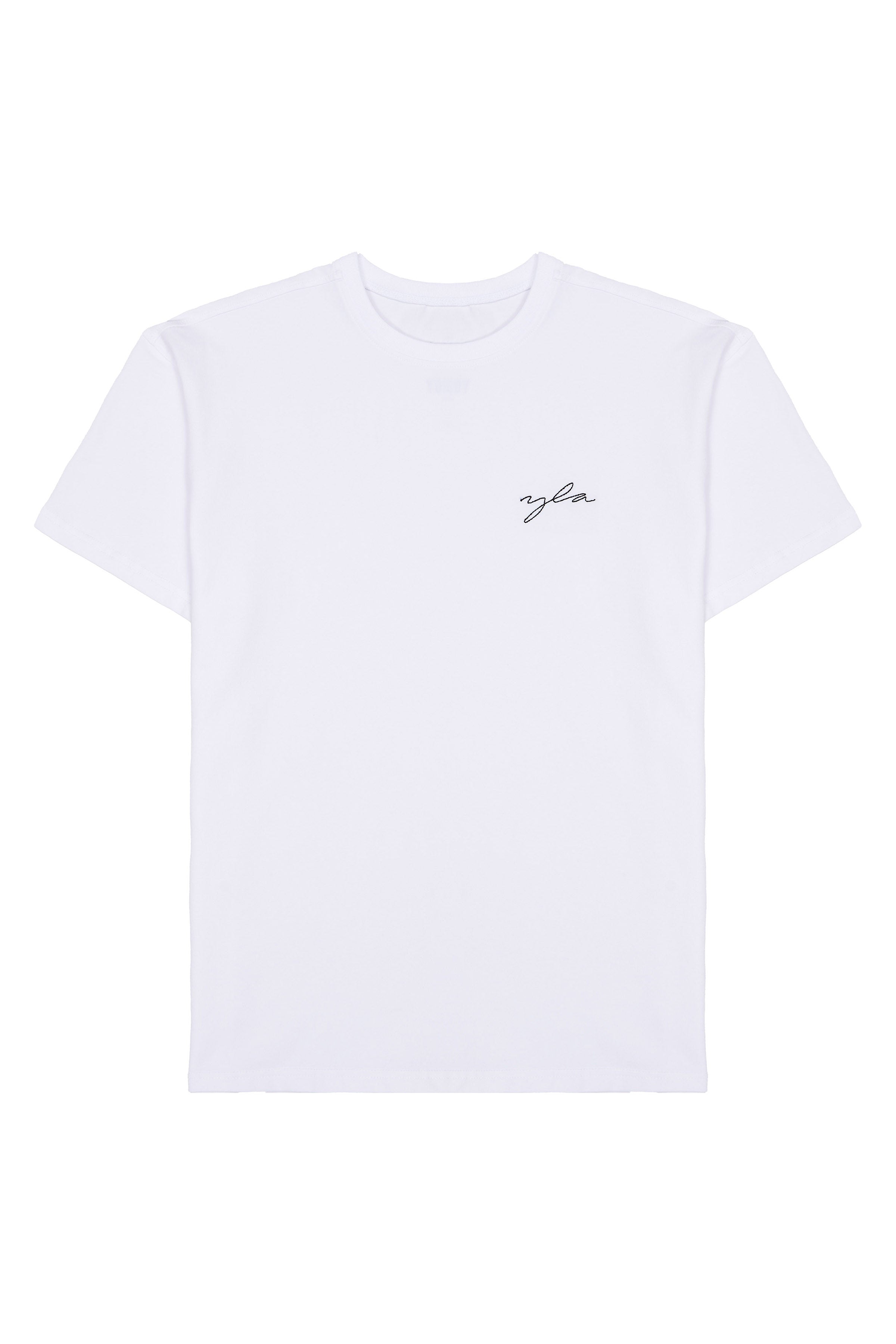Front view of the slim fit t shirt on model, styled for fall layering