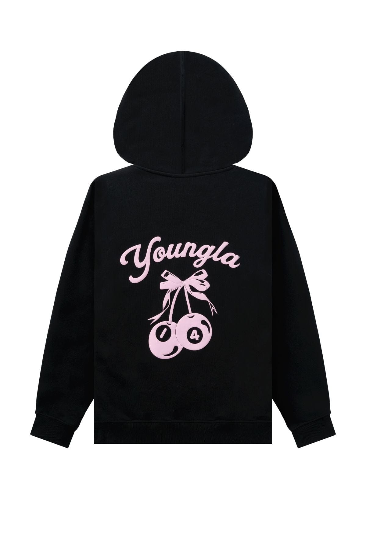 Close-up of the puff print detail on the oversized hoodie.
