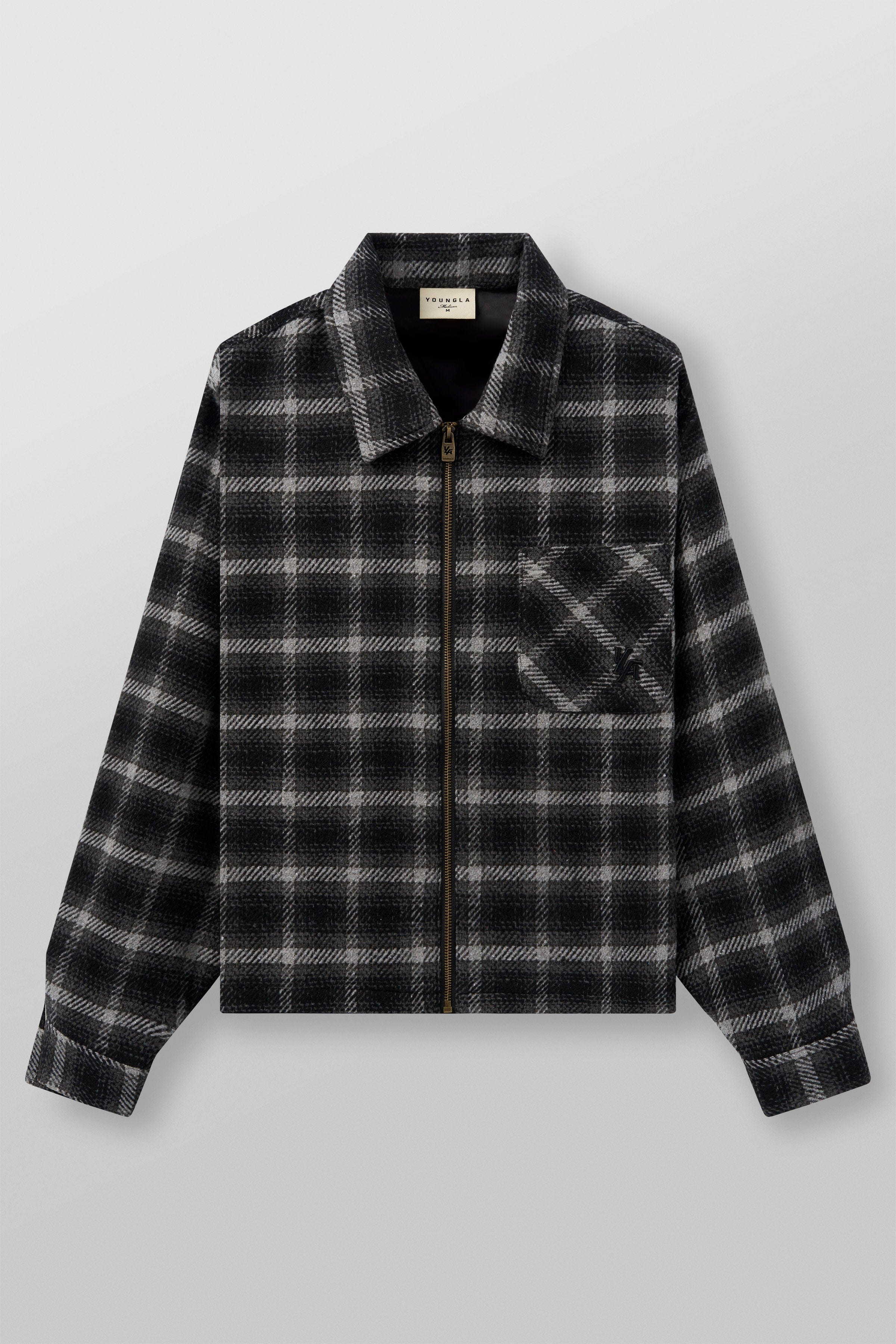 Model wearing the flannel shirt jacket outdoors, hands in pockets.