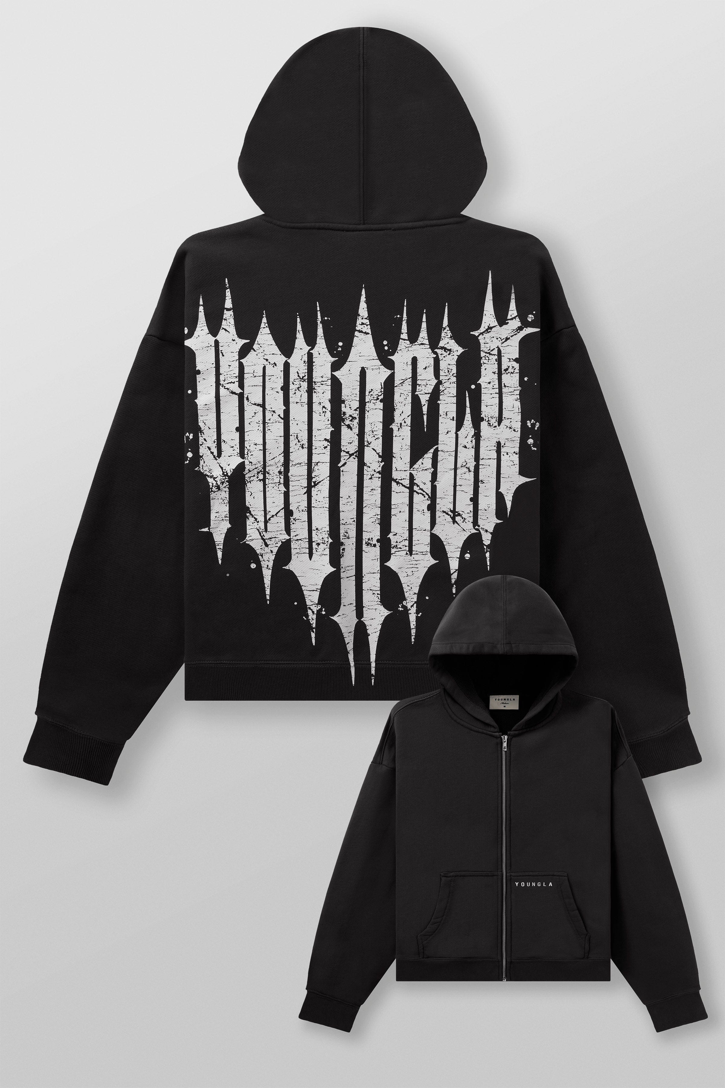 Front view of the Revenge zip-up hoodie highlighting the boxy fit and short length