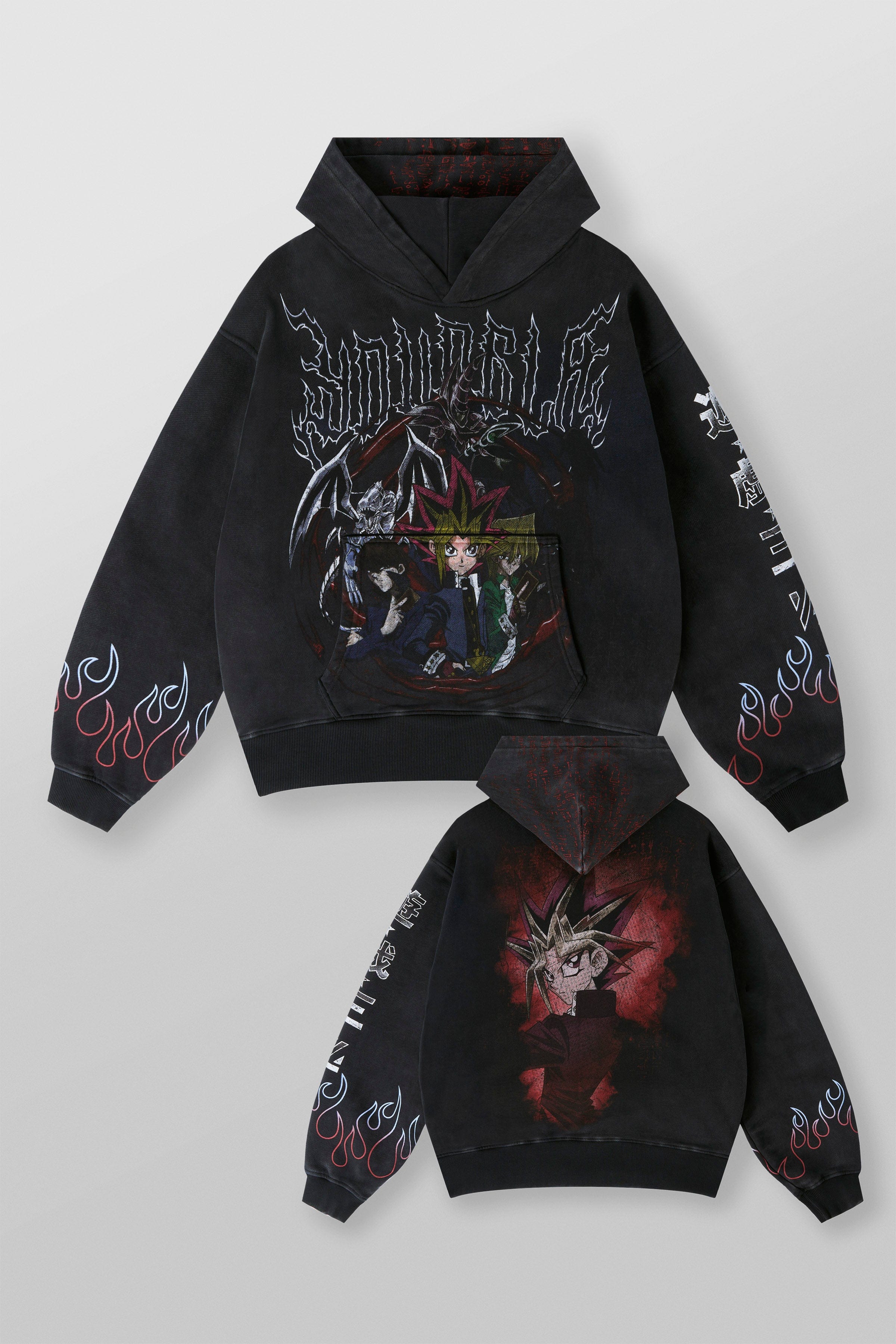 Close-up of the graphic details on the sleeves of the Yu-Gi-Oh! hoodie.
