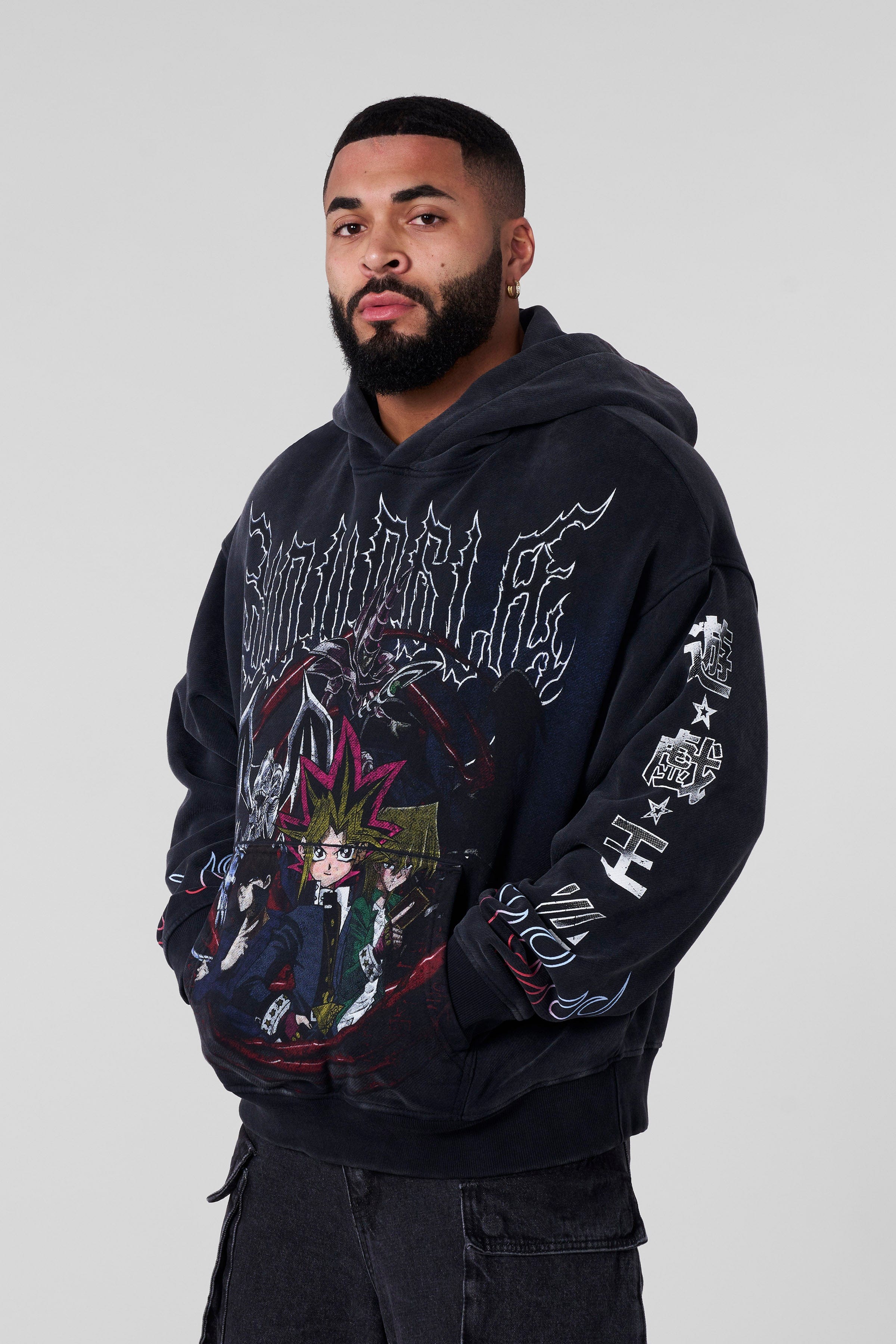 Side view of oversized hoodie for men, perfect for casual wear.