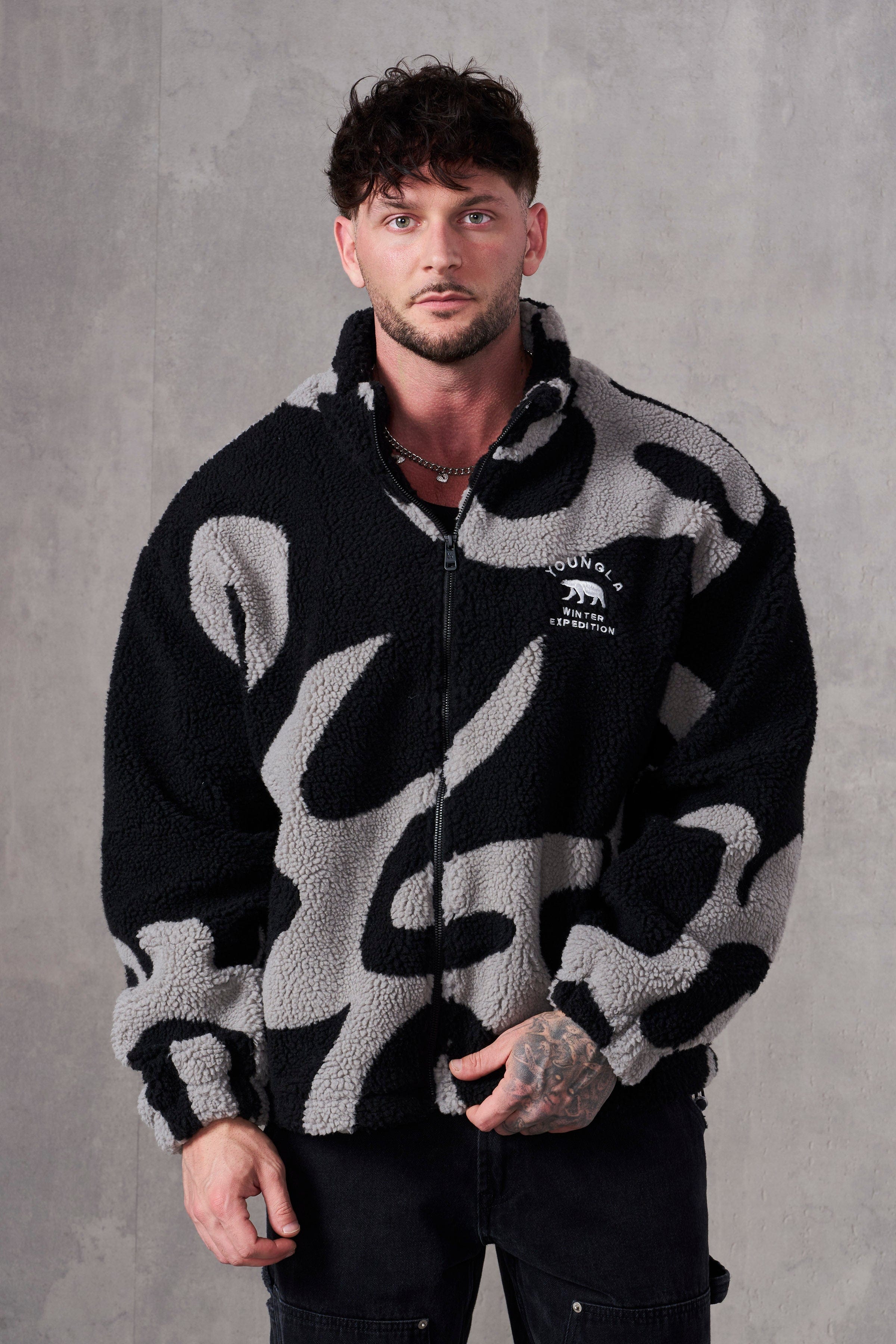 Close-up of the soft sherpa fabric on the jacket, showcasing its warmth.