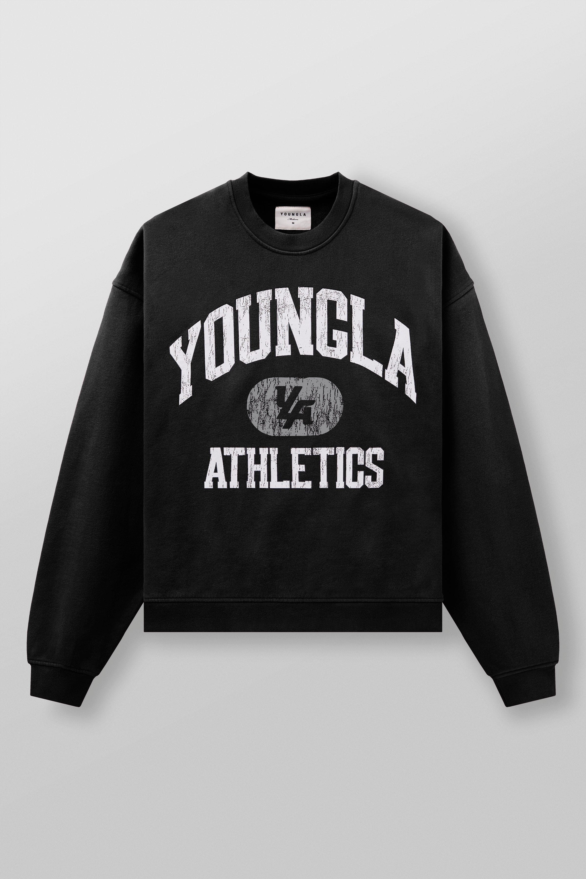 Close-up of camo crewneck neckline and graphic detailing on heavyweight fabric