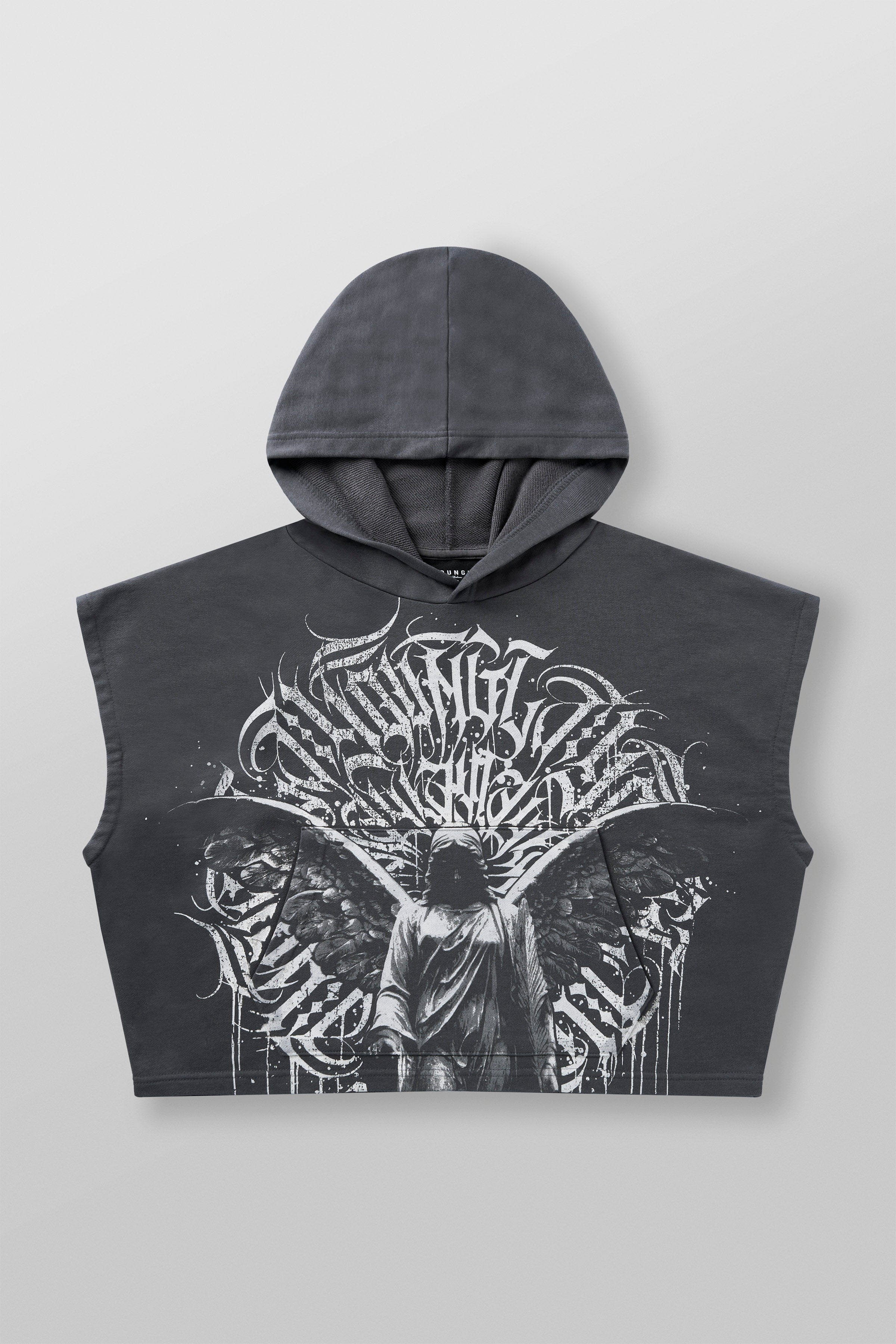 Close-up of gothic graphic on cut-off hoodie